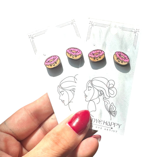 Hypoallergenic Hand Painted Donut Laser Engraved Wood Stud Earrings