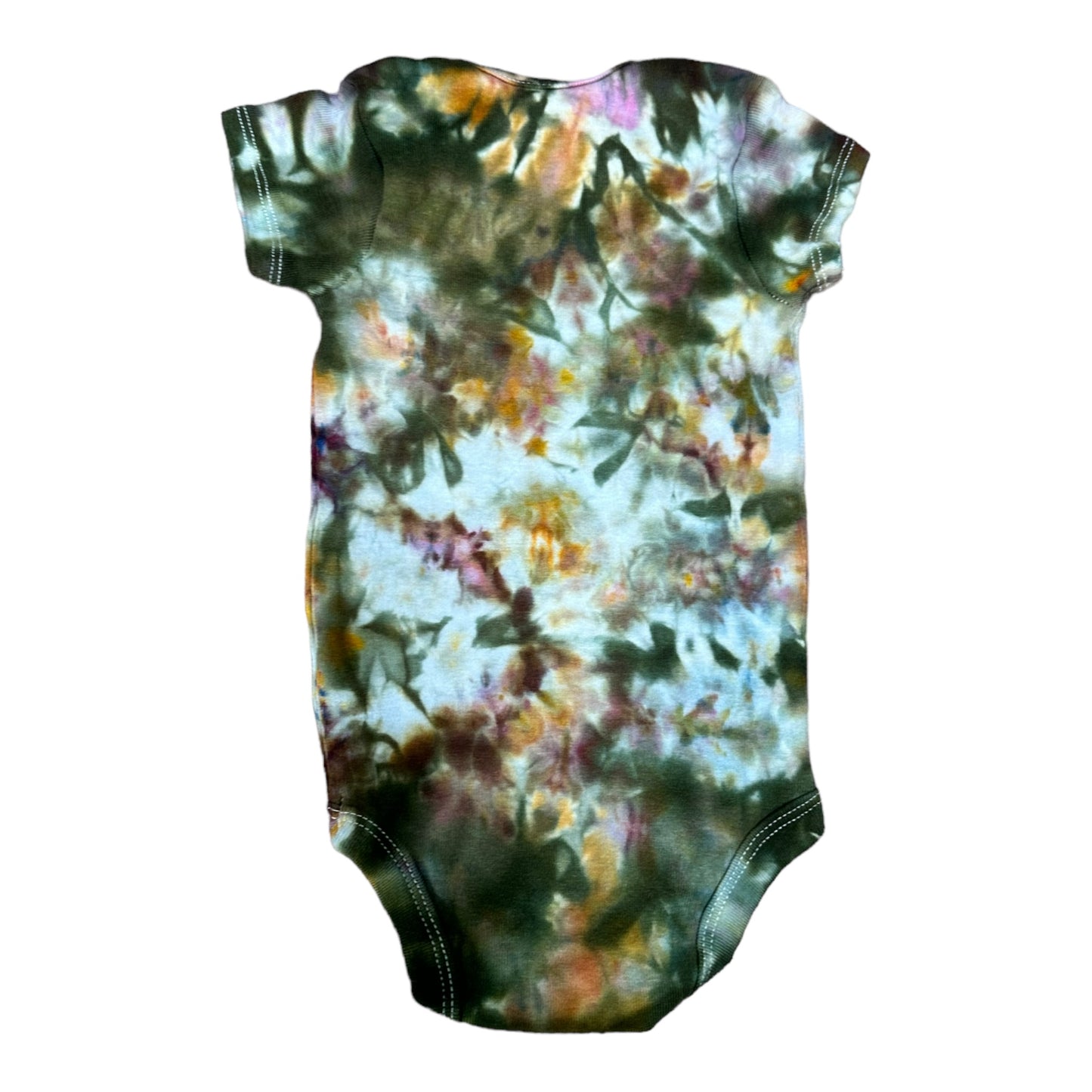 Infant 3-6 Months Green Golden Yellow and Brown Scrunch Ice Dye Tie Dye Onesie