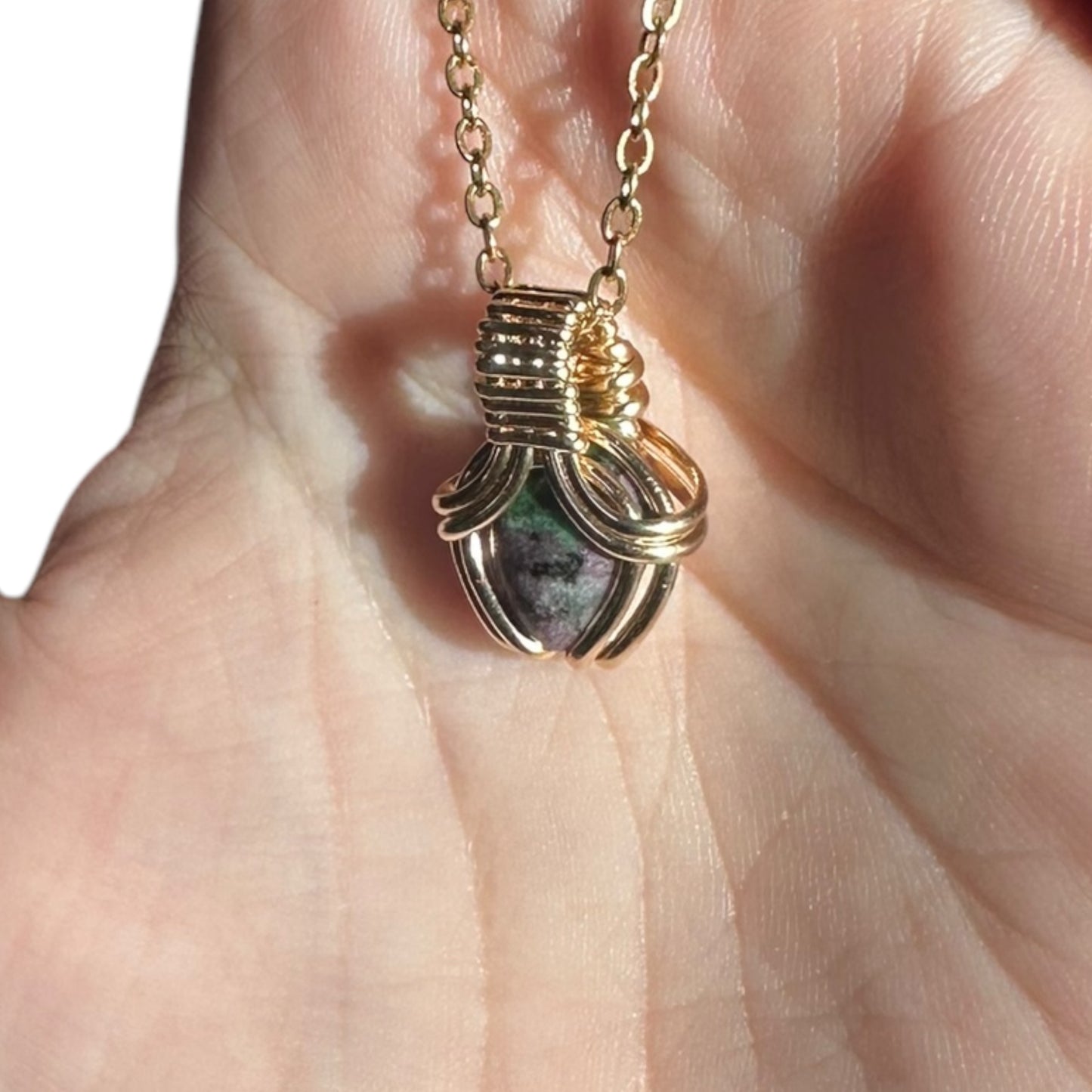 Sterling Silver | 14KT Gold Filled Mini Teardrop Ruby Zoisite Wire Wrapped Wishbone 2.0 Pendant