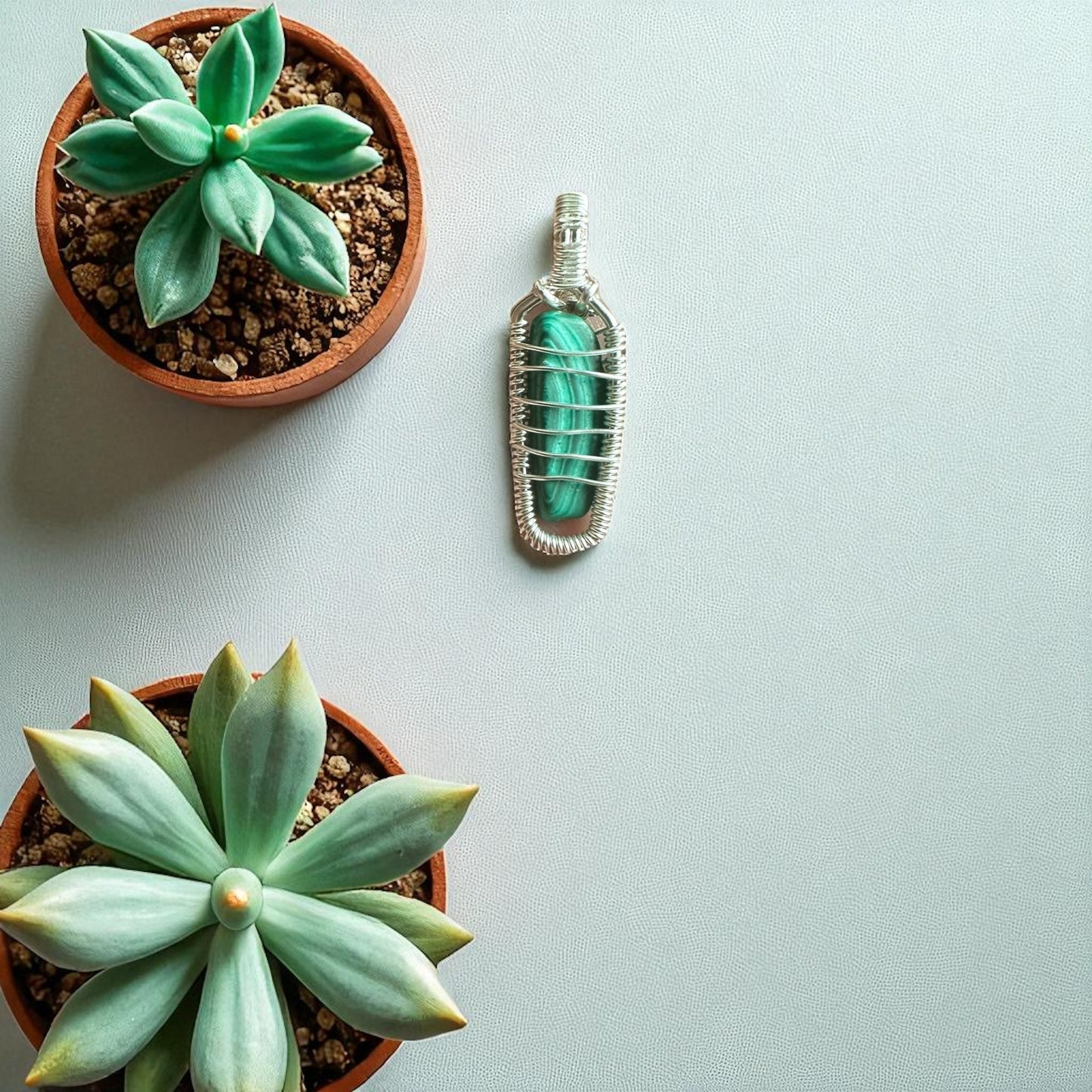 Sterling Silver Wire Wrapped Malachite Crystal Pendant