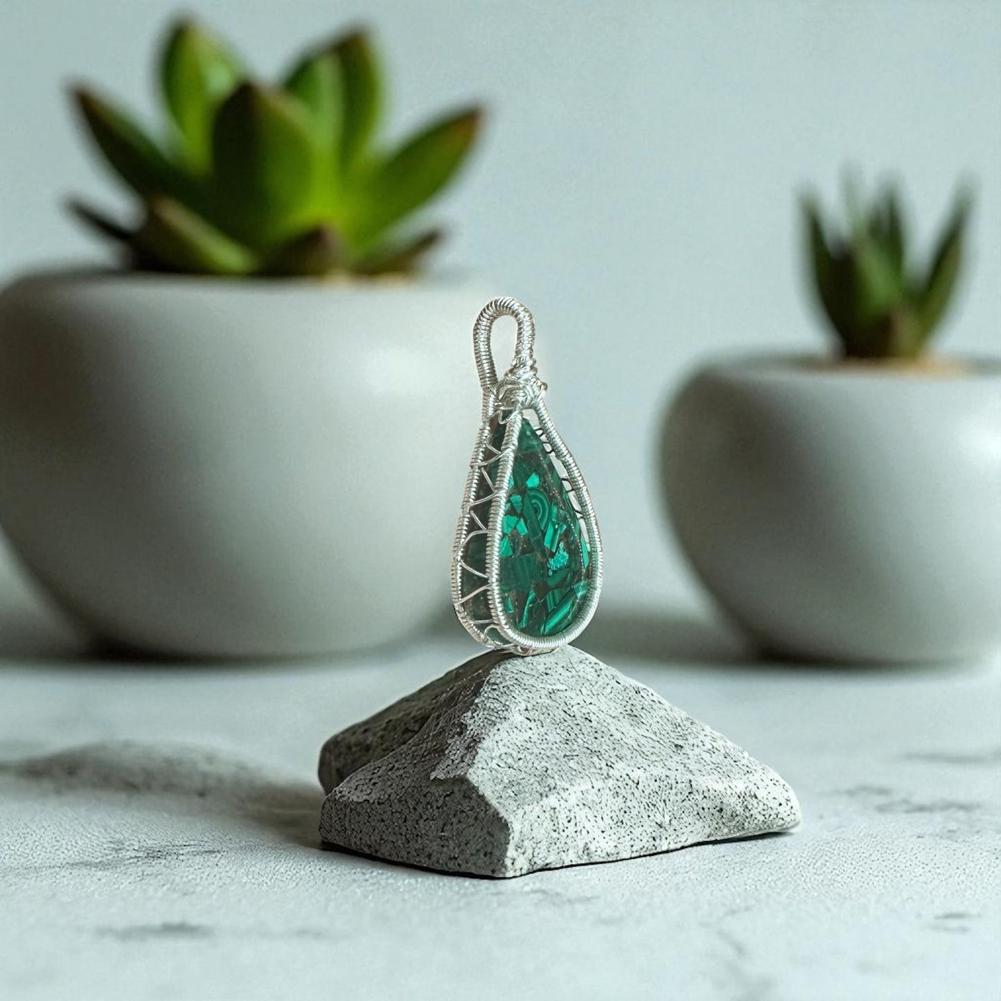 925 Sterling Silver Wire Wrapped Malachite in Copper Crystal Pendant
