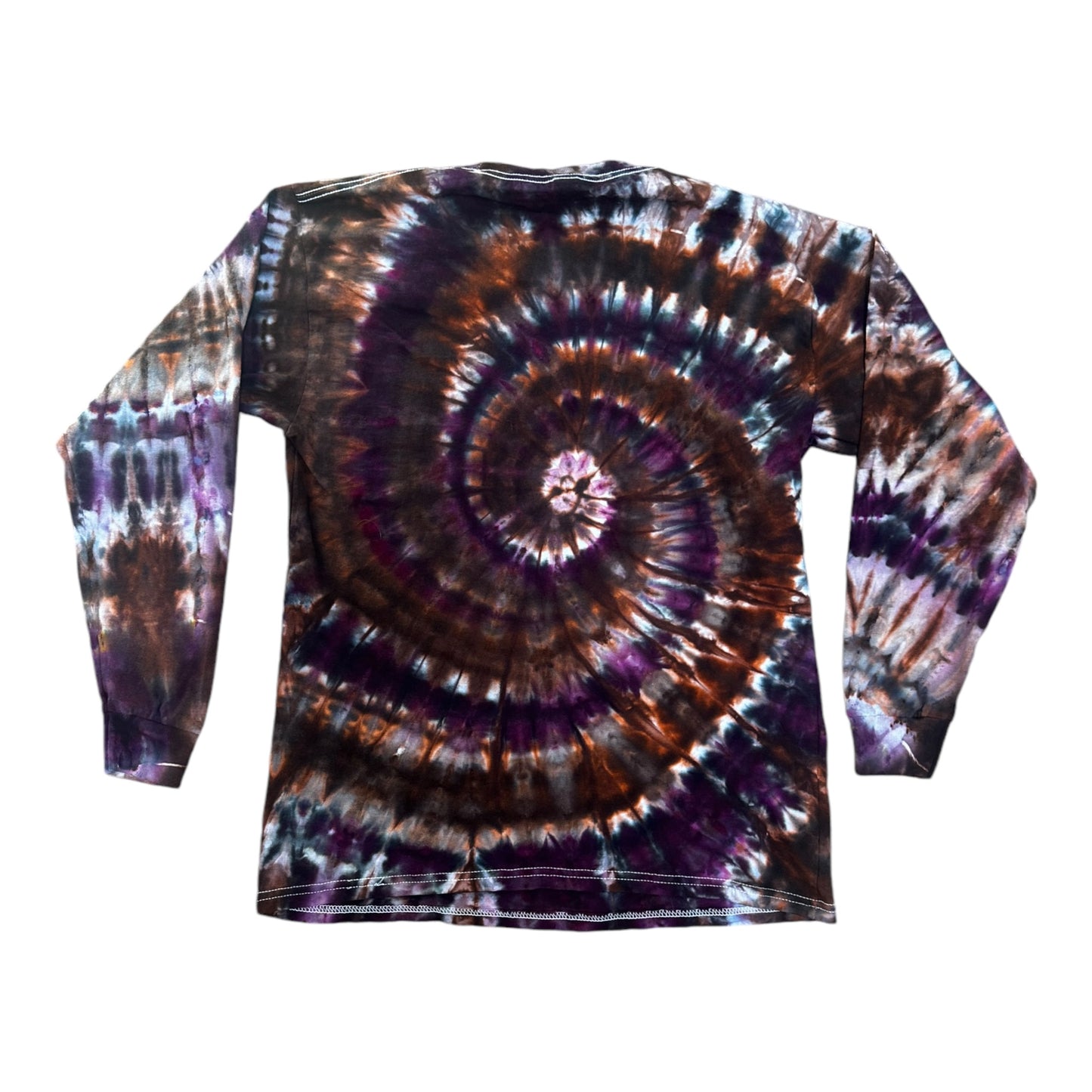 Youth XL Orange Brown and Purple Spiral Ice Dye Tie Dye Long Sleeve Shirt