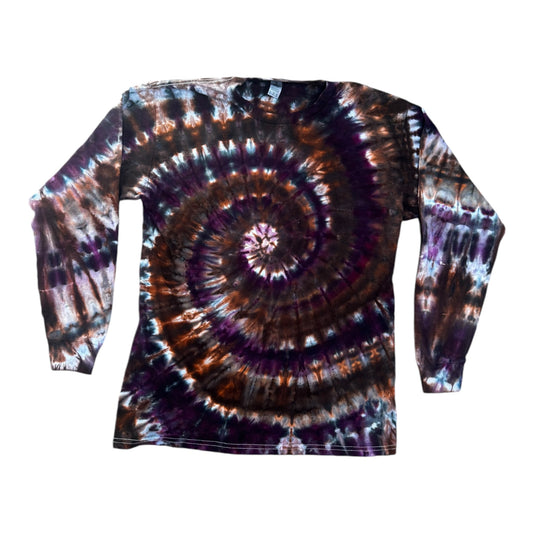 Youth XL Orange Brown and Purple Spiral Ice Dye Tie Dye Long Sleeve Shirt