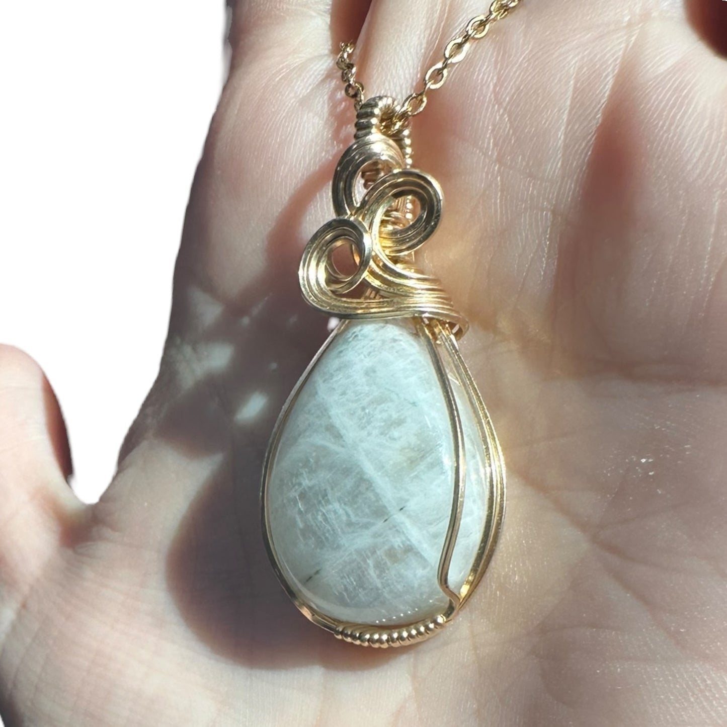 14KT Gold Filled Wire Wrapped Moonstone Crystal Bezel Pendant