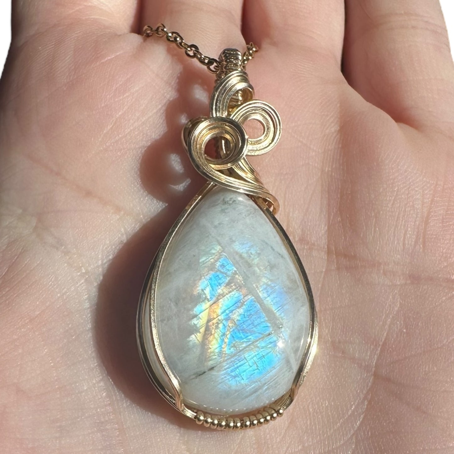 14KT Gold Filled Wire Wrapped Moonstone Crystal Bezel Pendant