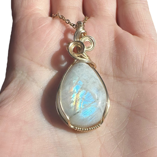14KT Gold Filled Wire Wrapped Moonstone Crystal Bezel Pendant