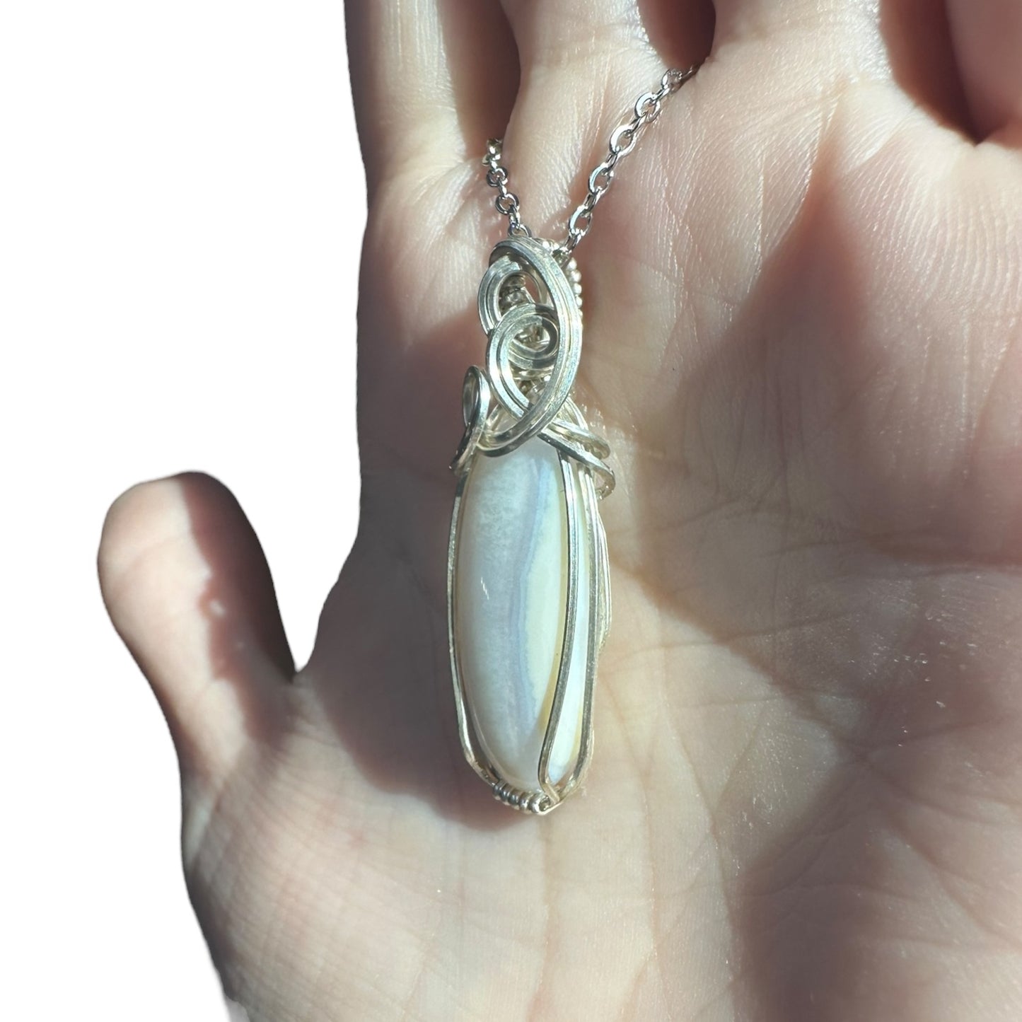 Sterling Silver Wire Wrapped Blue Lace Agate Crystal Bezel Pendant
