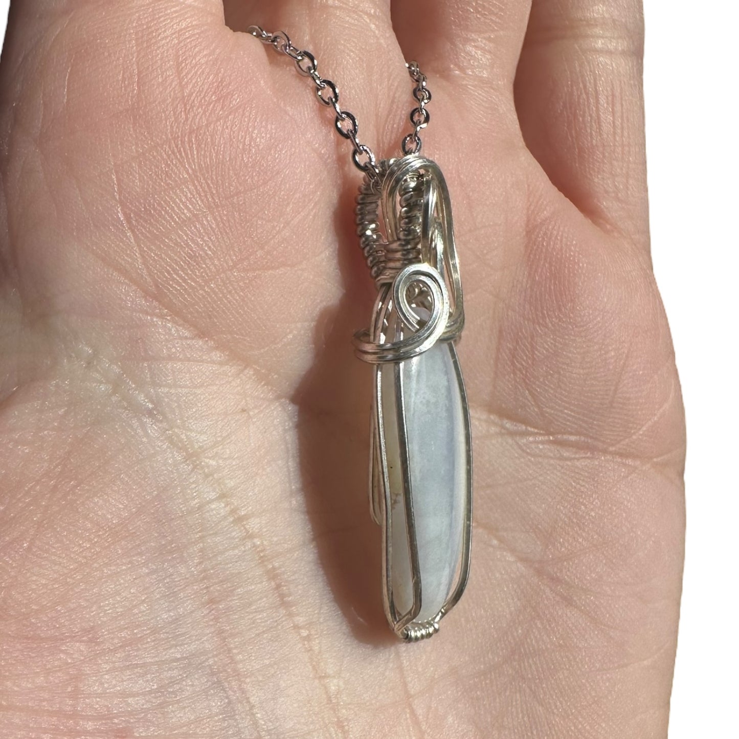 Sterling Silver Wire Wrapped Blue Lace Agate Crystal Bezel Pendant
