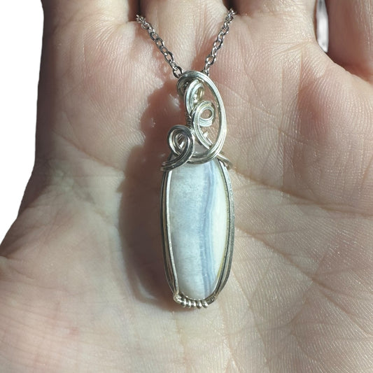 Sterling Silver Wire Wrapped Blue Lace Agate Crystal Bezel Pendant
