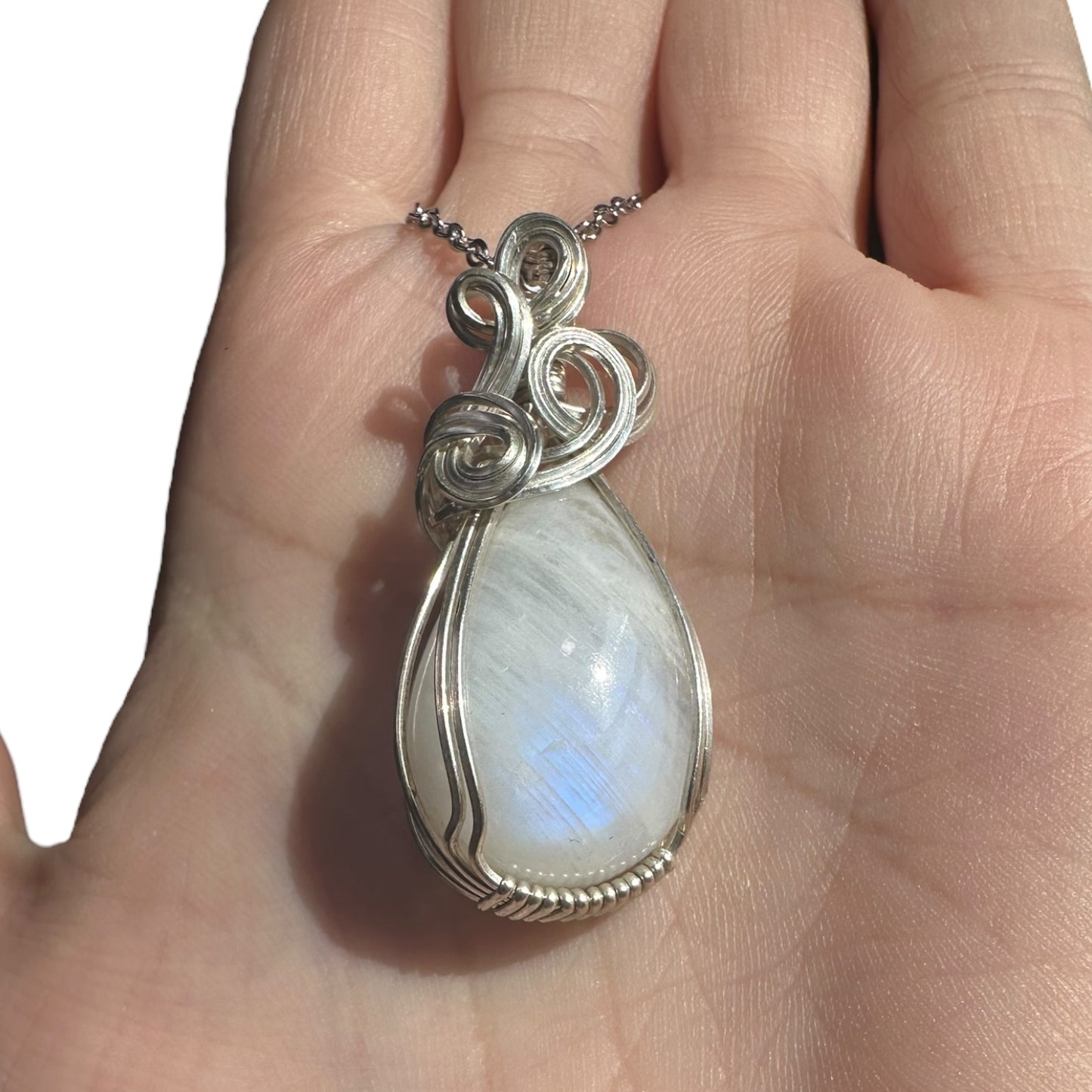 Sterling Silver Wire Wrapped Rainbow Moonstone Crystal Bezel Pendant