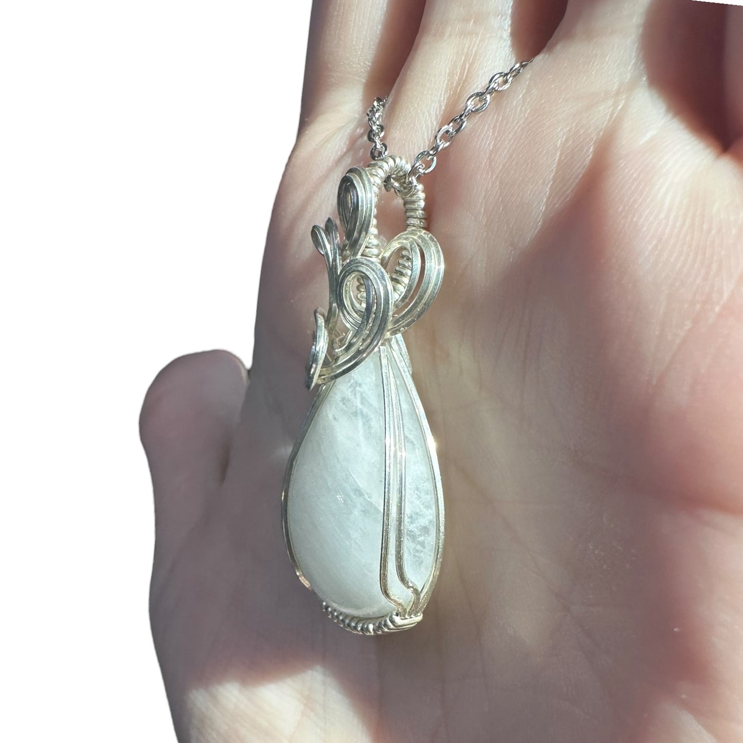 Sterling Silver Wire Wrapped Rainbow Moonstone Crystal Bezel Pendant
