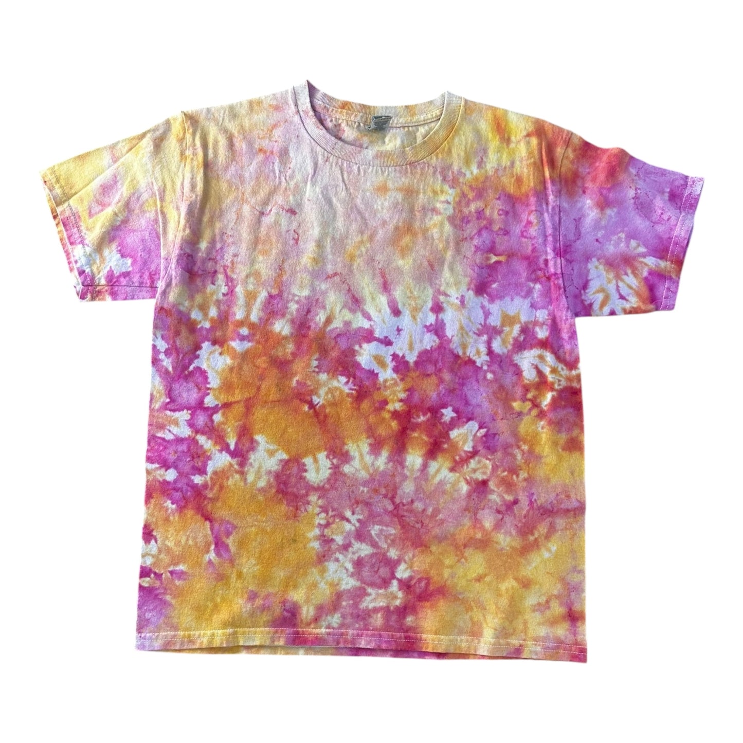Youth Large Orange Yellow and Pink Scrunch Ice Dye Tie Dye T-Shirt