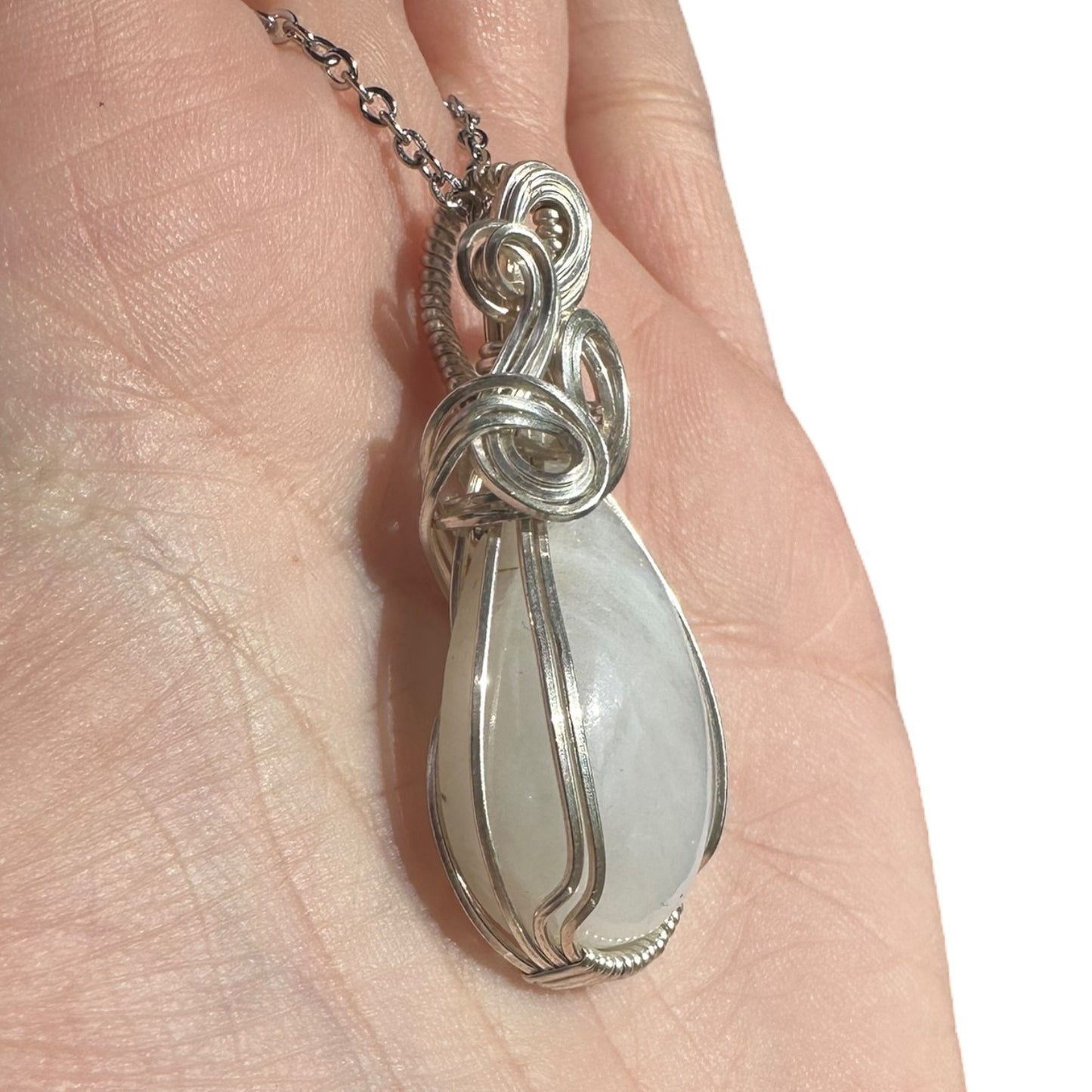 Sterling Silver Wire Wrapped Rainbow Moonstone Crystal Bezel Pendant