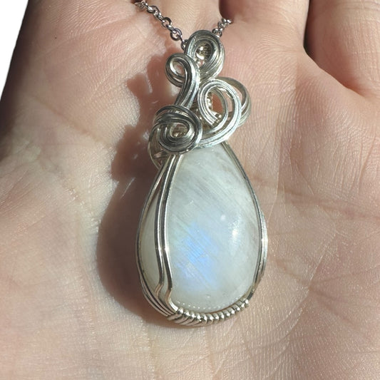 Sterling Silver Wire Wrapped Rainbow Moonstone Crystal Bezel Pendant