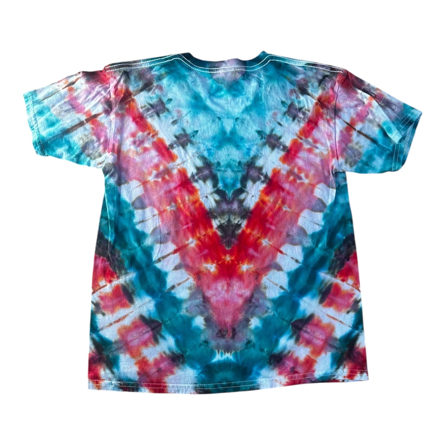 Youth Large Red Gray and Teal V Pleated Ice Dye Tie Dye T-Shirt