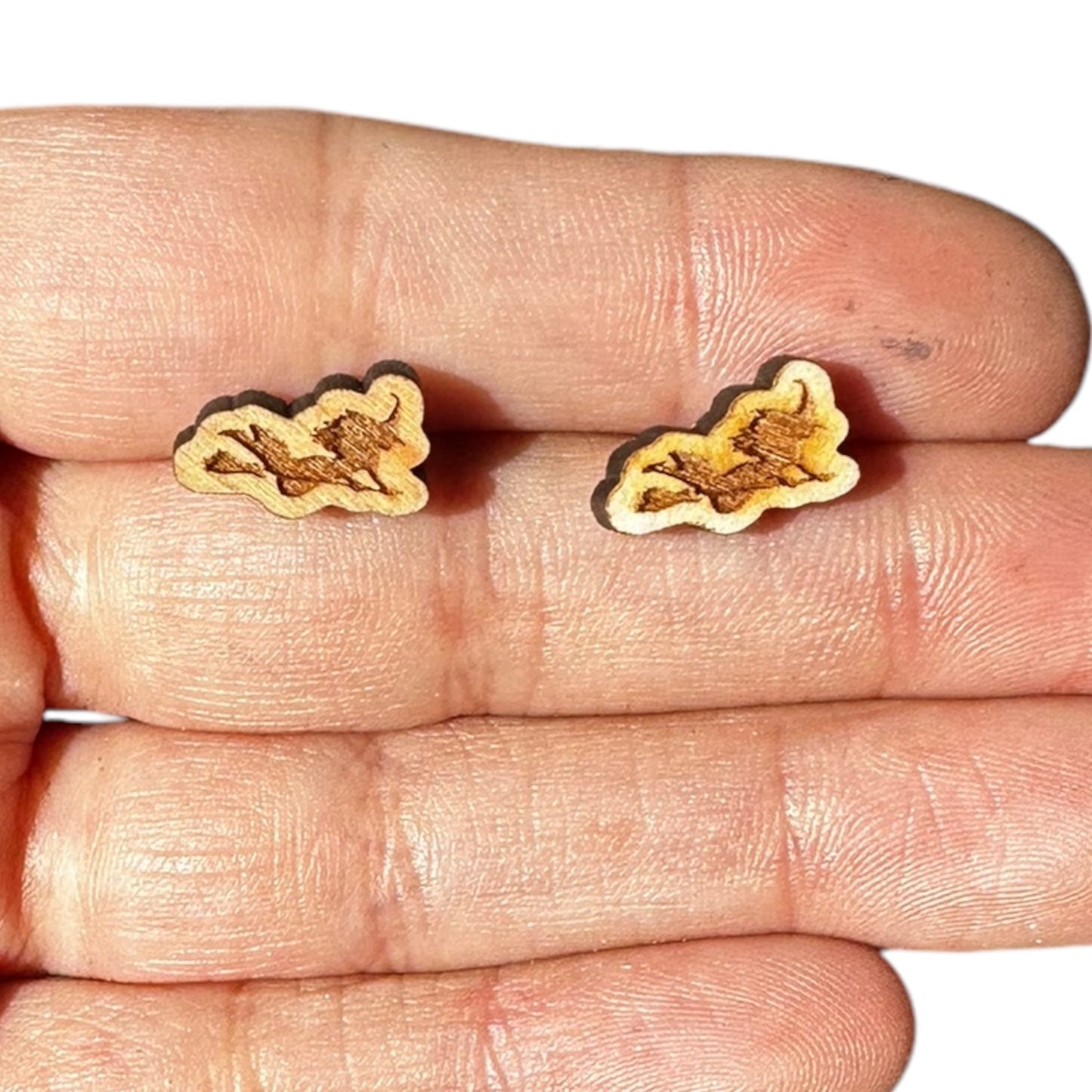 Hypoallergenic Halloween Witch on a Broom Laser Engraved Wood Earrings