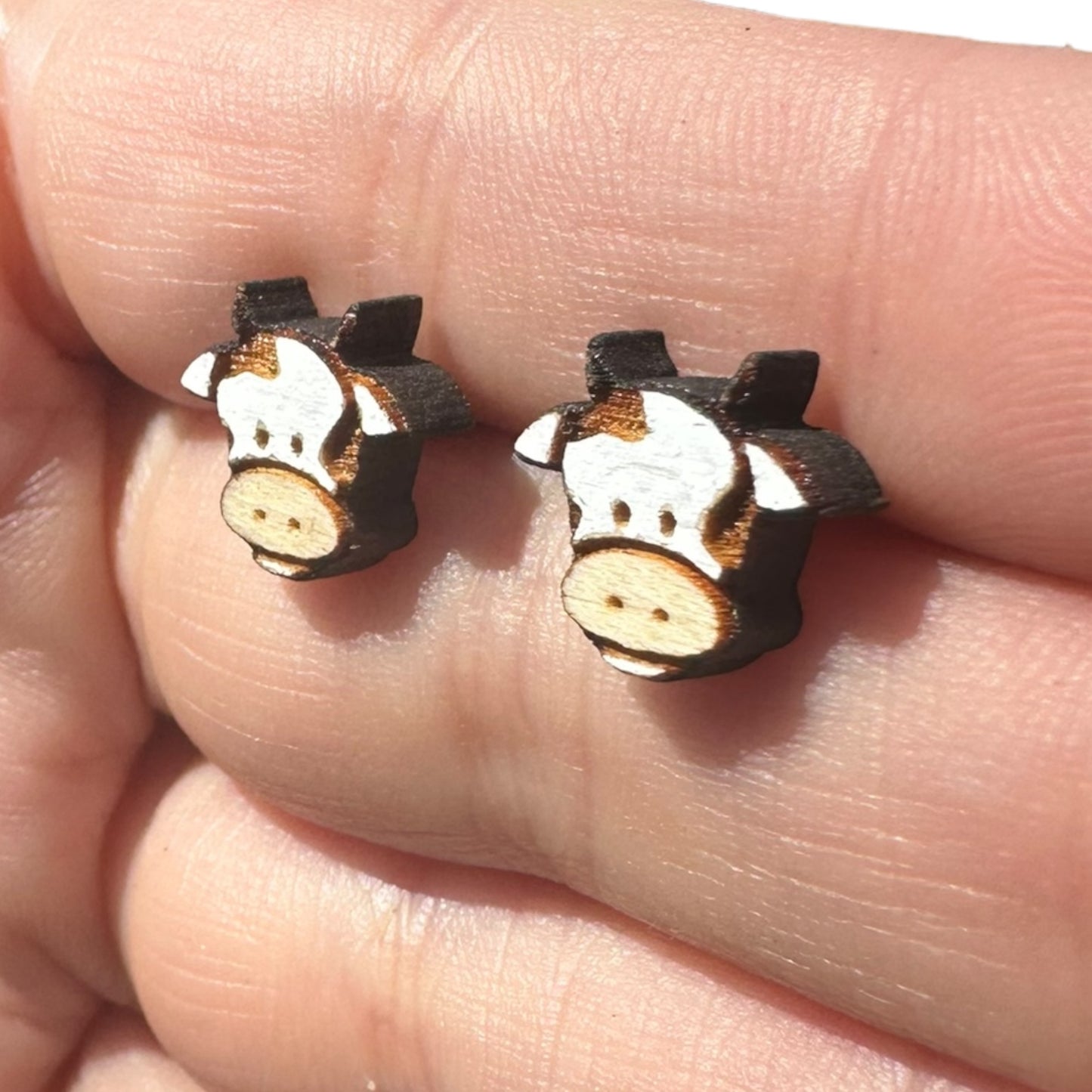 Hypoallergenic Hand Painted Cow Laser Engraved Wood Stud Earrings