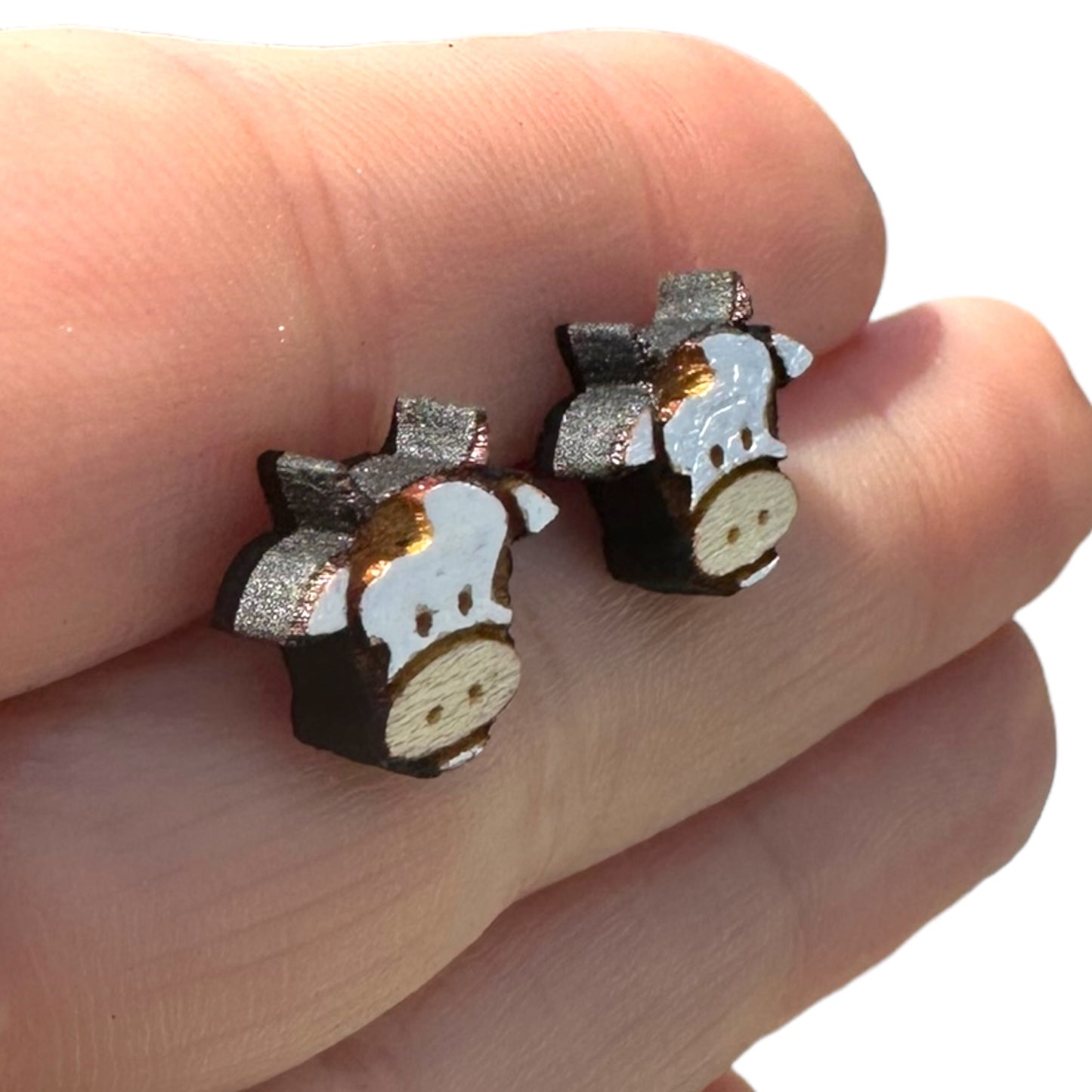 Hypoallergenic Hand Painted Cow Laser Engraved Wood Stud Earrings