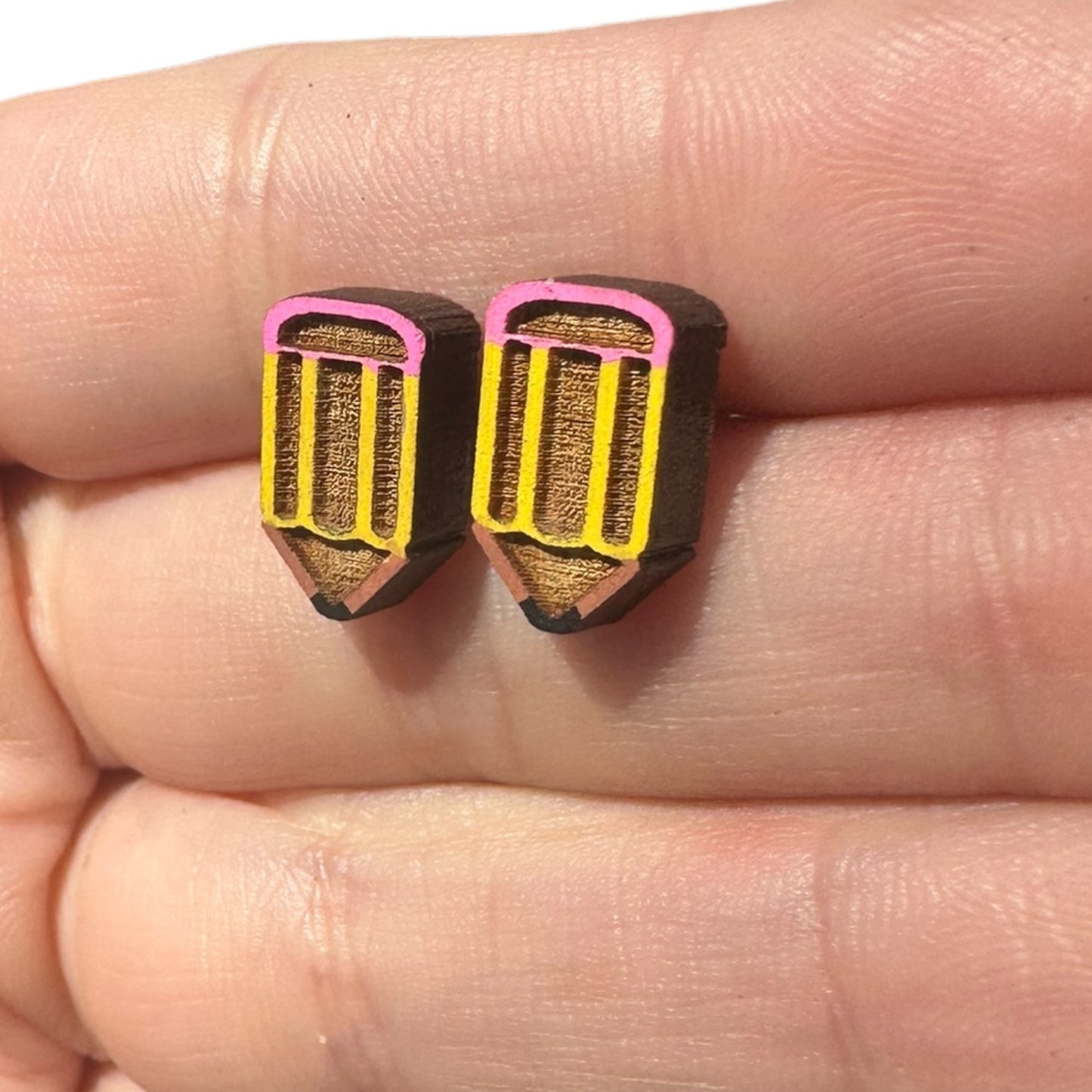 Hypoallergenic Hand Painted Pencil Laser Engraved Wood Stud Earrings