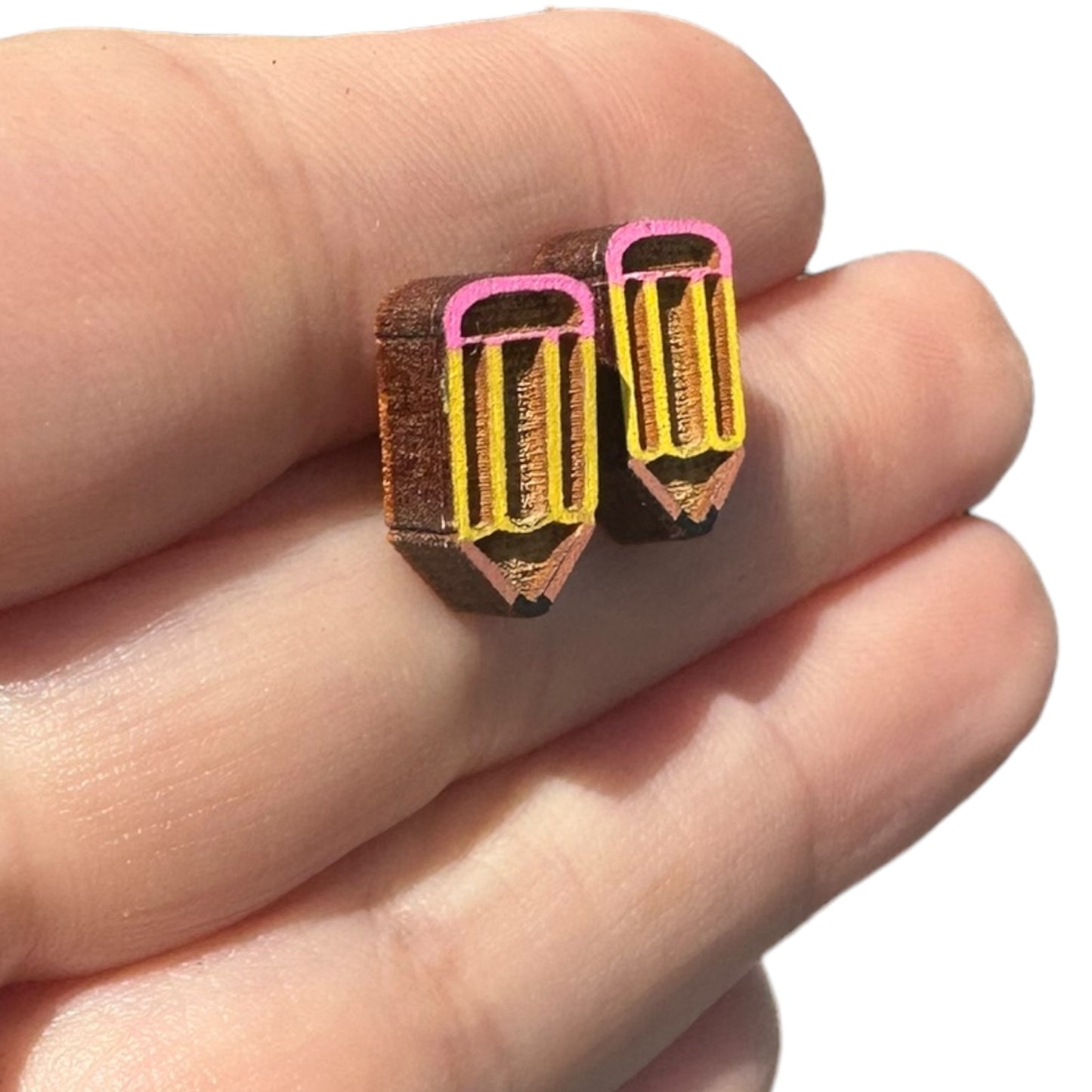 Hypoallergenic Hand Painted Pencil Laser Engraved Wood Stud Earrings