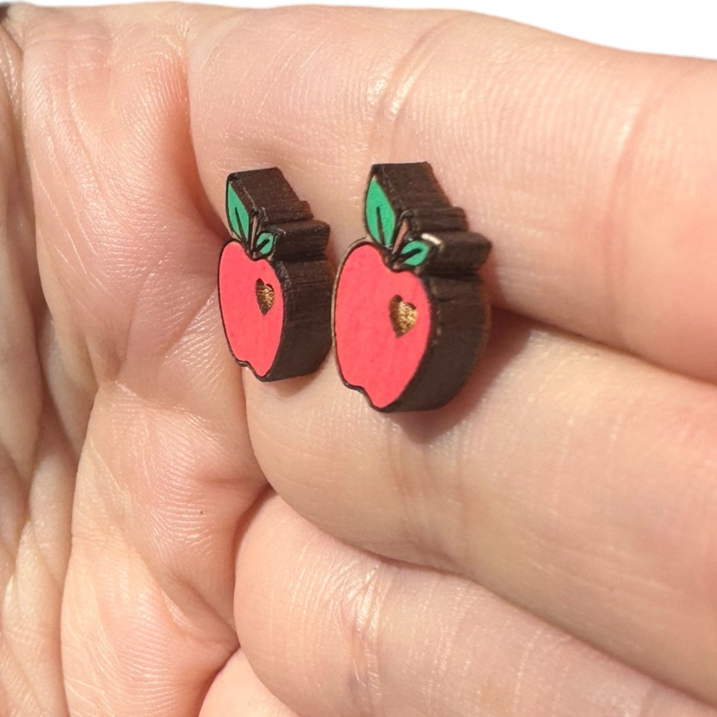 Hypoallergenic Hand Painted Apple with Heart Laser Engraved Wood Stud Earrings