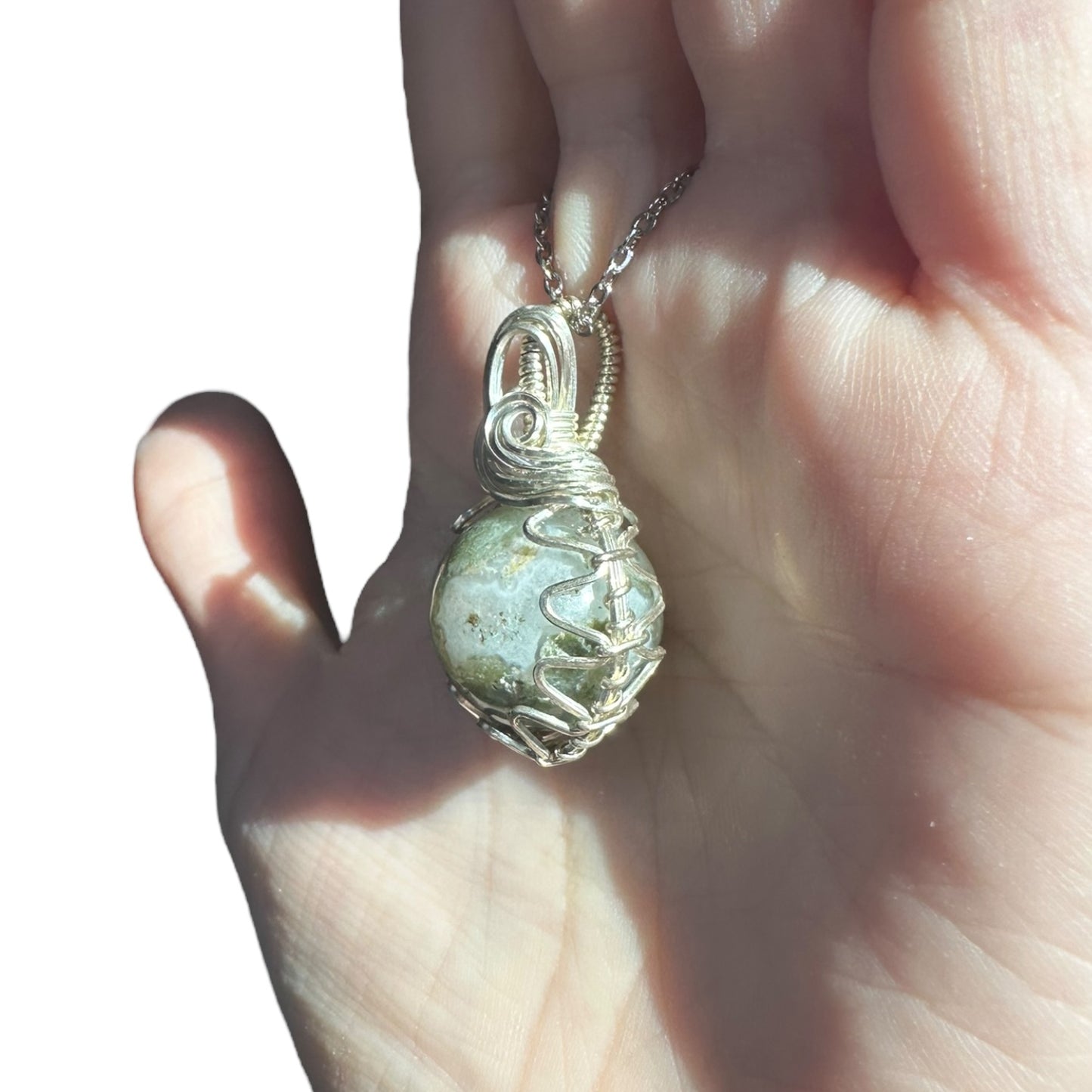 Sterling Silver Wire Wrapped Moss Agate Crystal Fidget Bezel Pendant