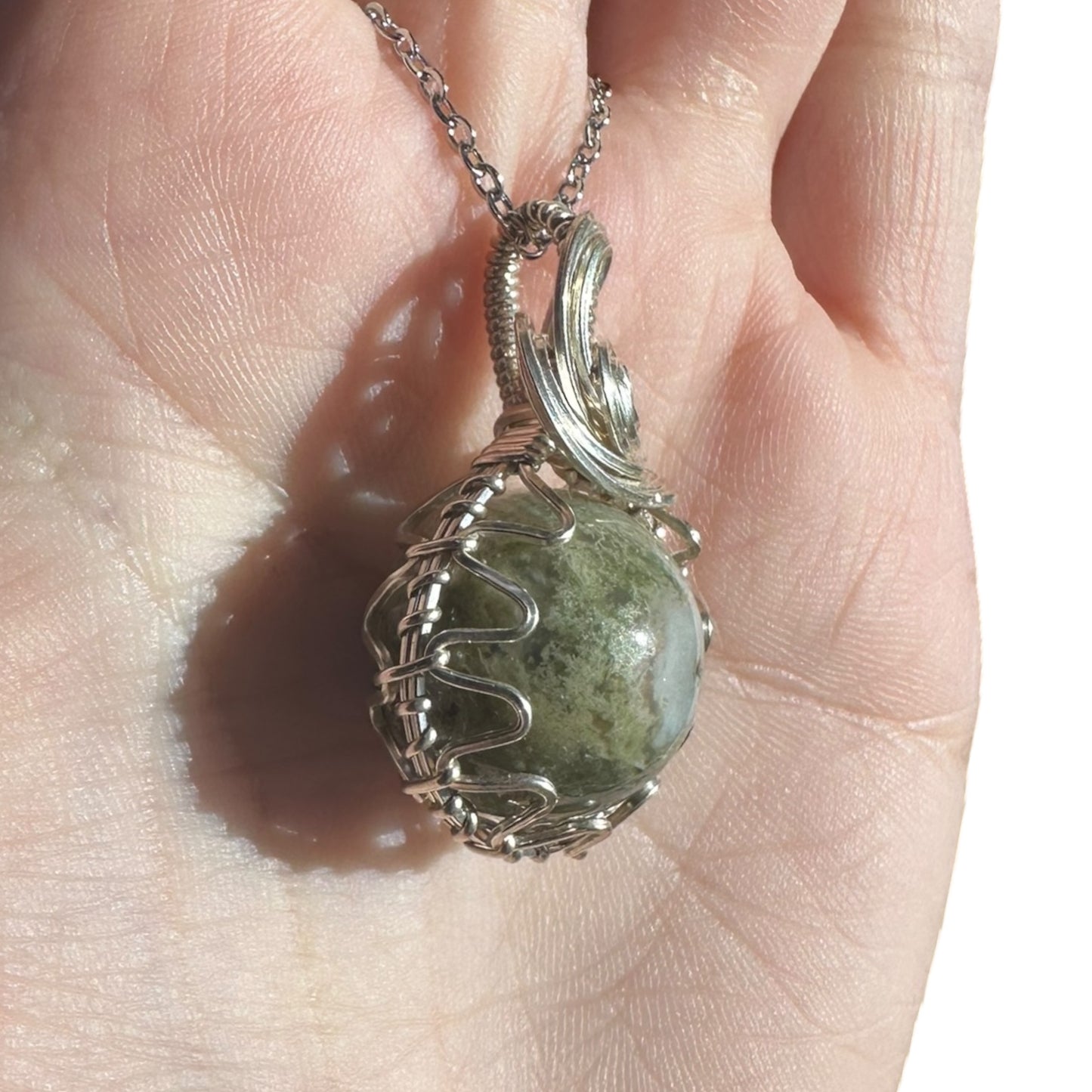 Sterling Silver Wire Wrapped Moss Agate Crystal Fidget Bezel Pendant