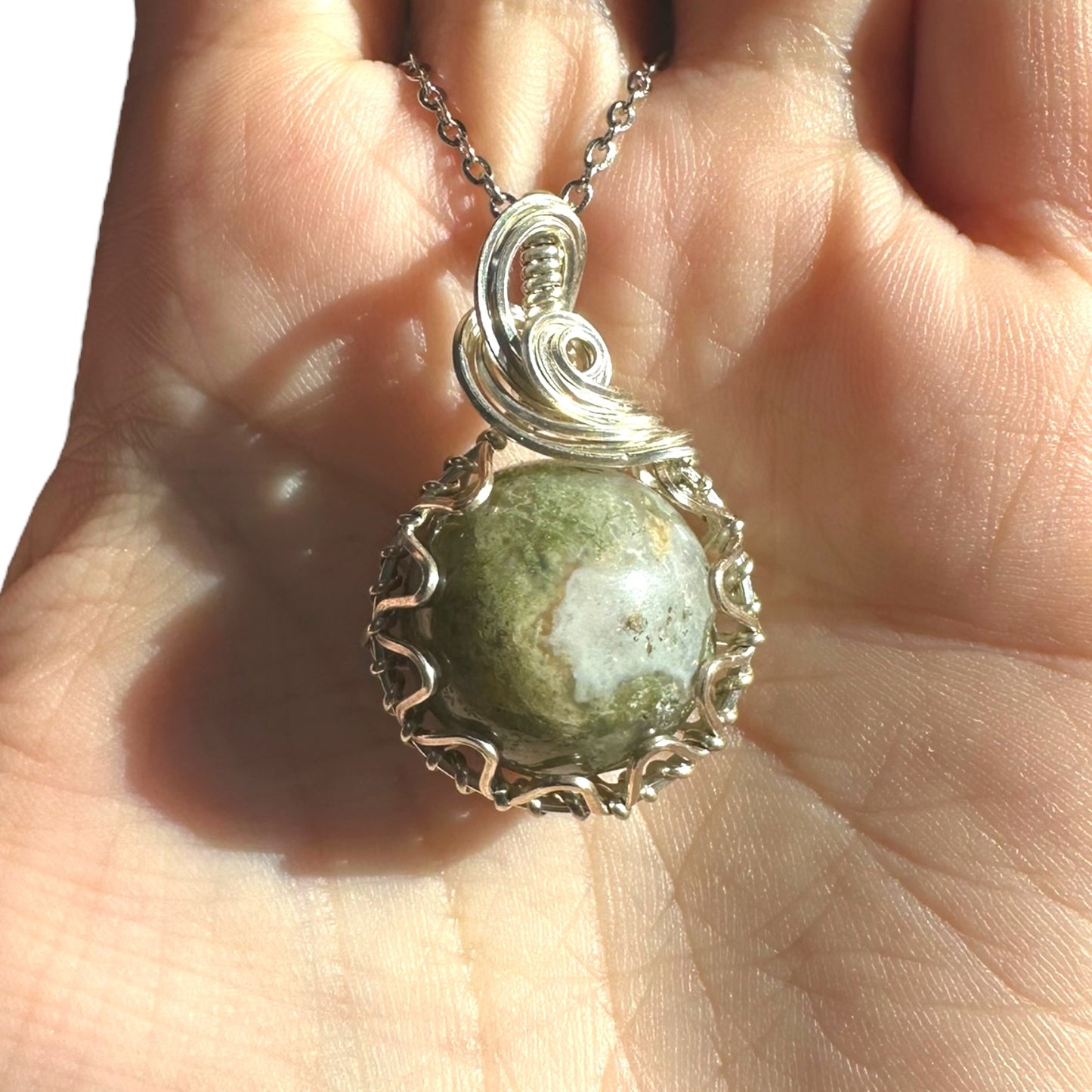 Sterling Silver Wire Wrapped Moss Agate Crystal Fidget Bezel Pendant