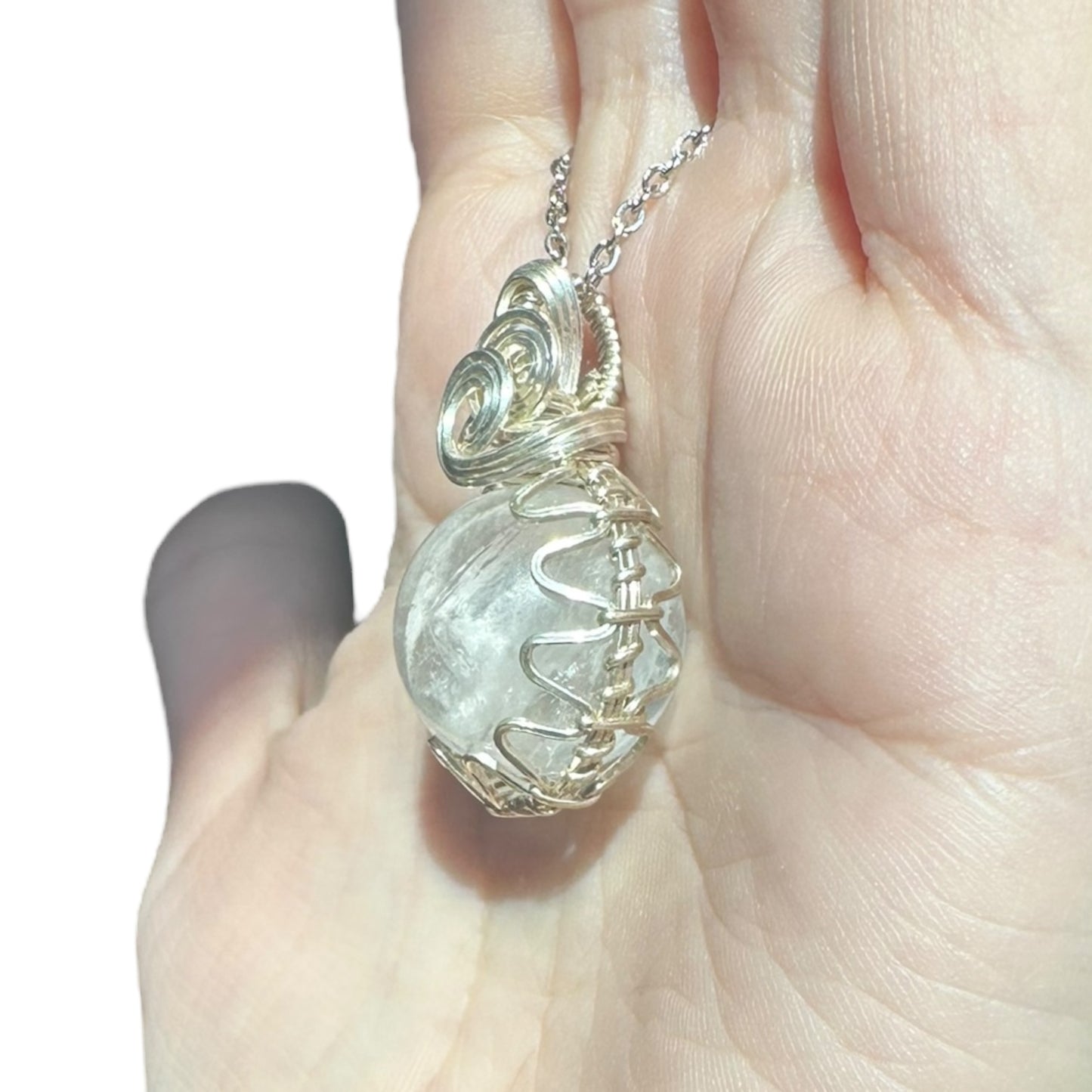 Sterling Silver Wire Wrapped Clear Quartz Crystal Fidget Bezel Pendant