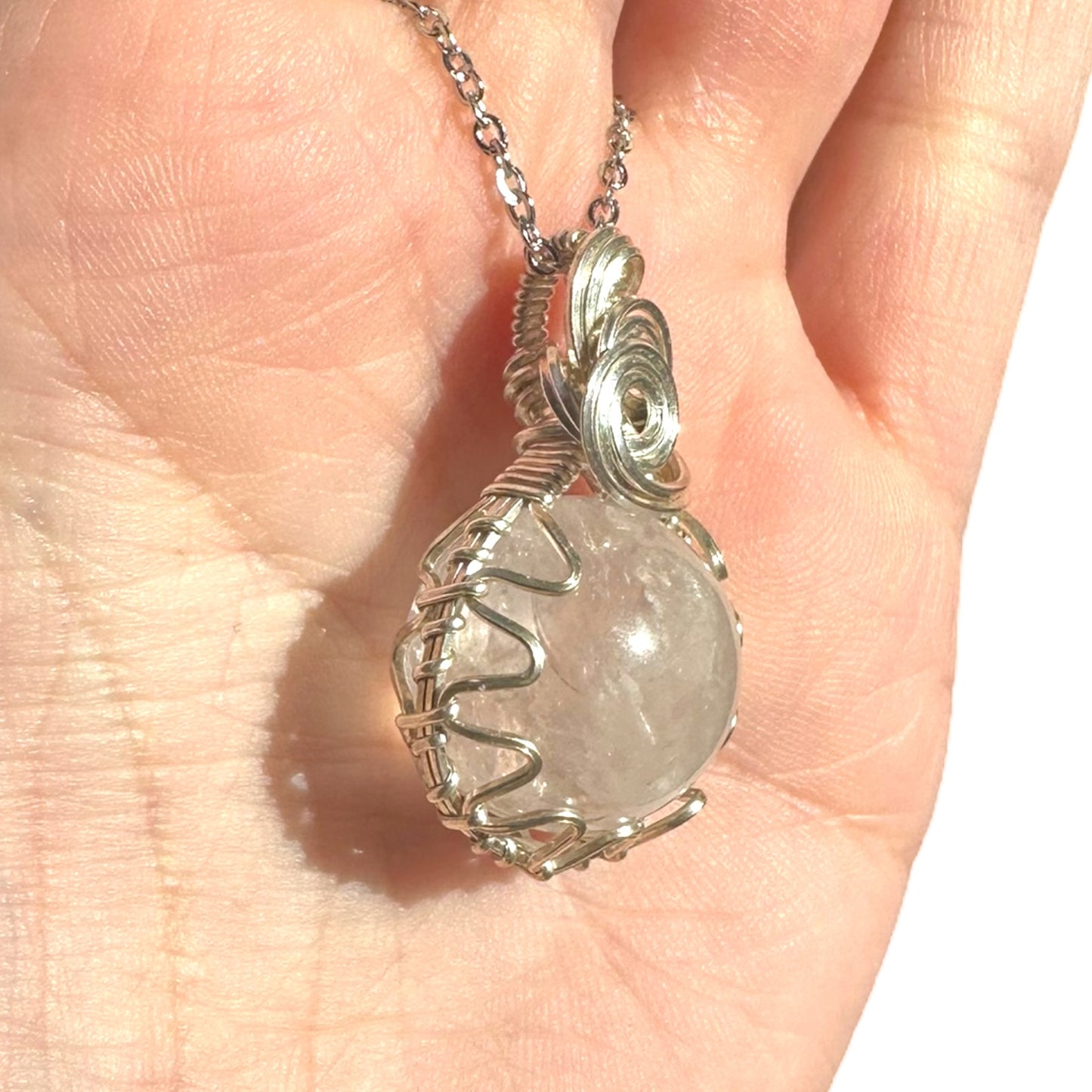 Sterling Silver Wire Wrapped Clear Quartz Crystal Fidget Bezel Pendant
