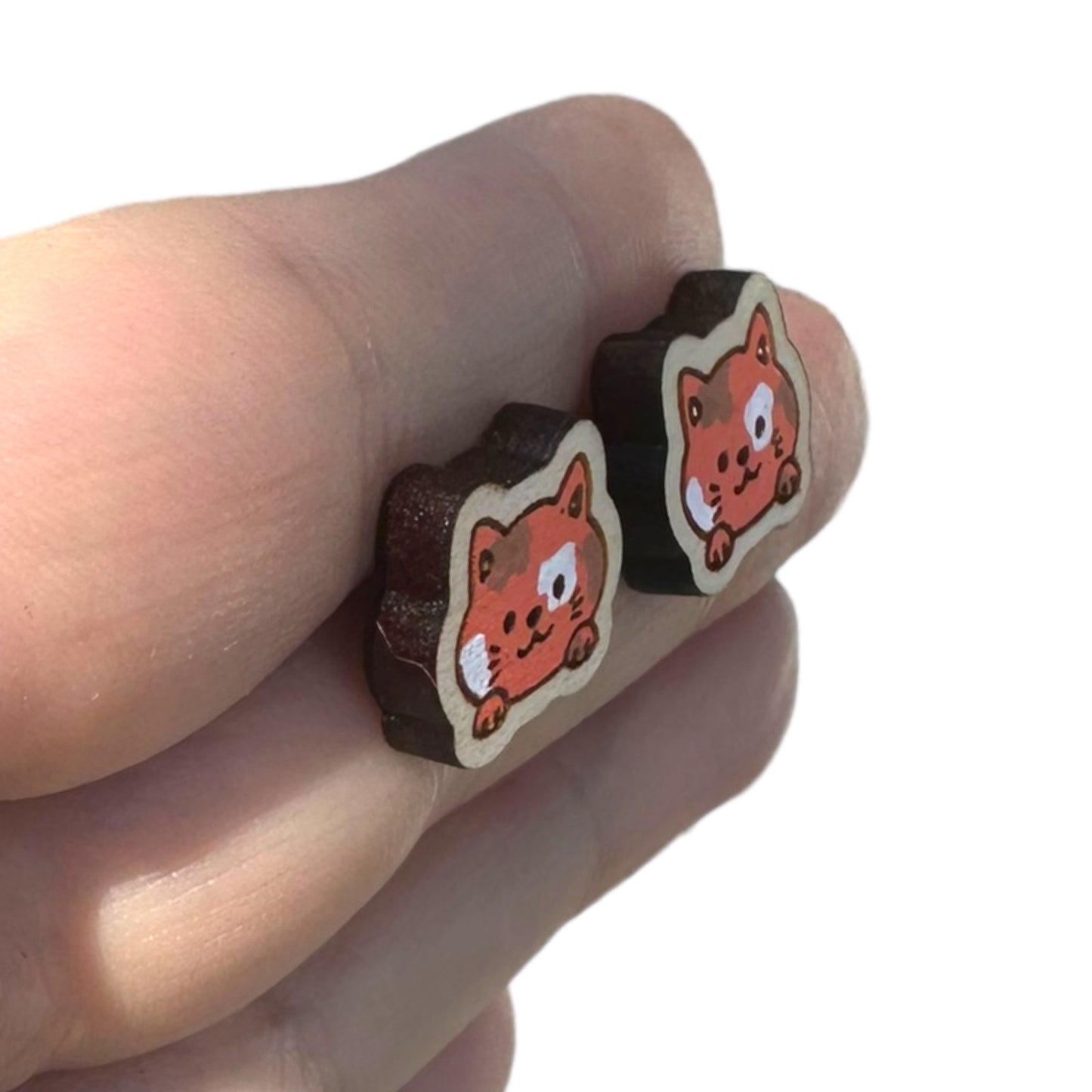 Hypoallergenic Hand Painted Cat Laser Engraved Wood Stud Earrings