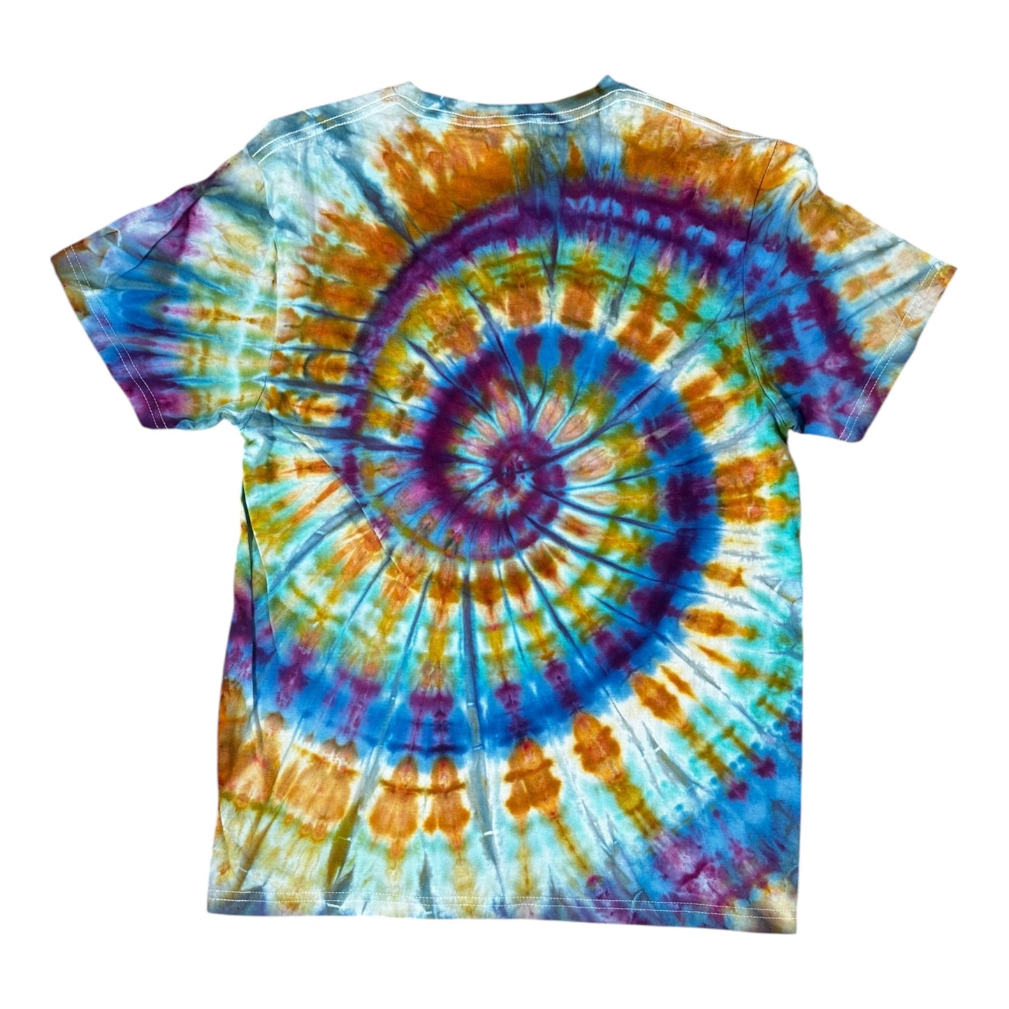 Adult Medium Yellow Green Blue and Purple Spiral Ice Dye Tie Dye Shirt