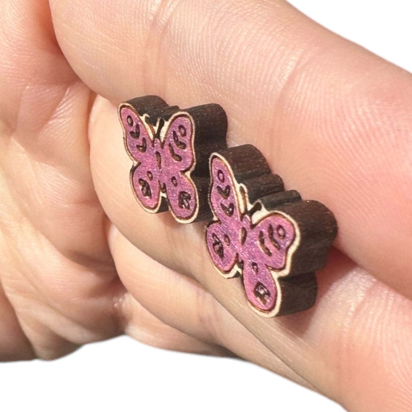 Hypoallergenic Hand Painted Metallic Purple Butterfly Laser Engraved Wood Stud Earrings