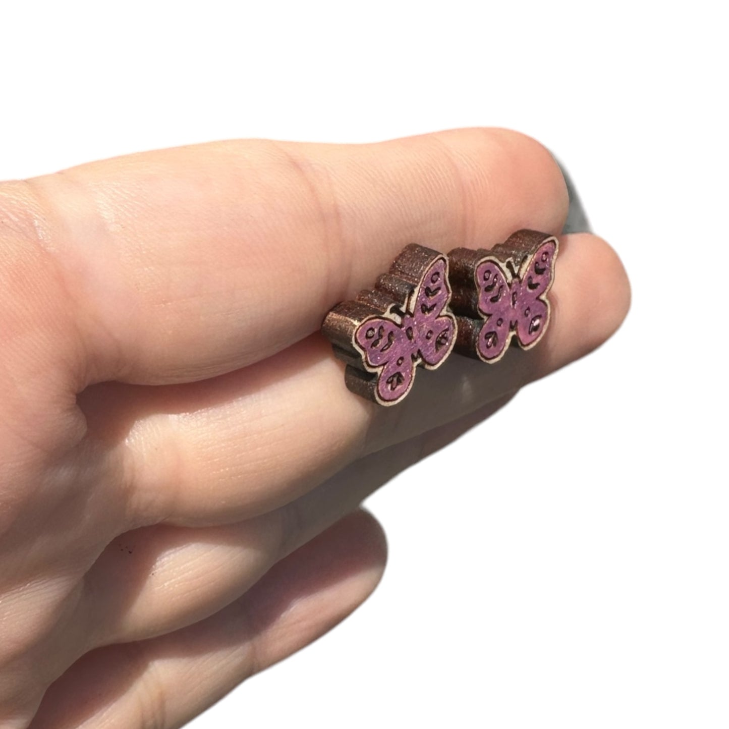 Hypoallergenic Hand Painted Metallic Purple Butterfly Laser Engraved Wood Stud Earrings