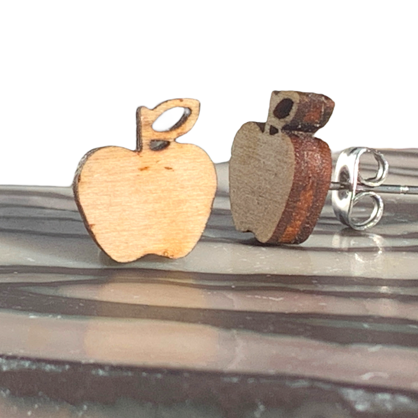 Hypoallergenic Apple Laser Engraved Wood Earrings