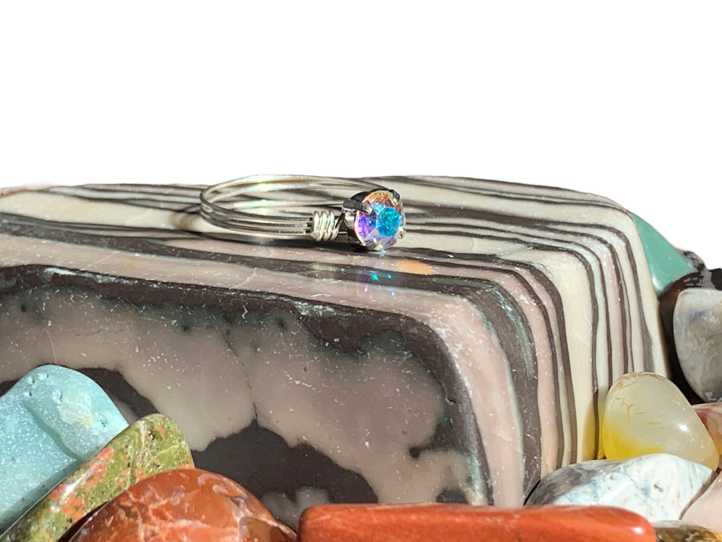 Sterling Silver AB Rainbow Crystal Wire Ring
