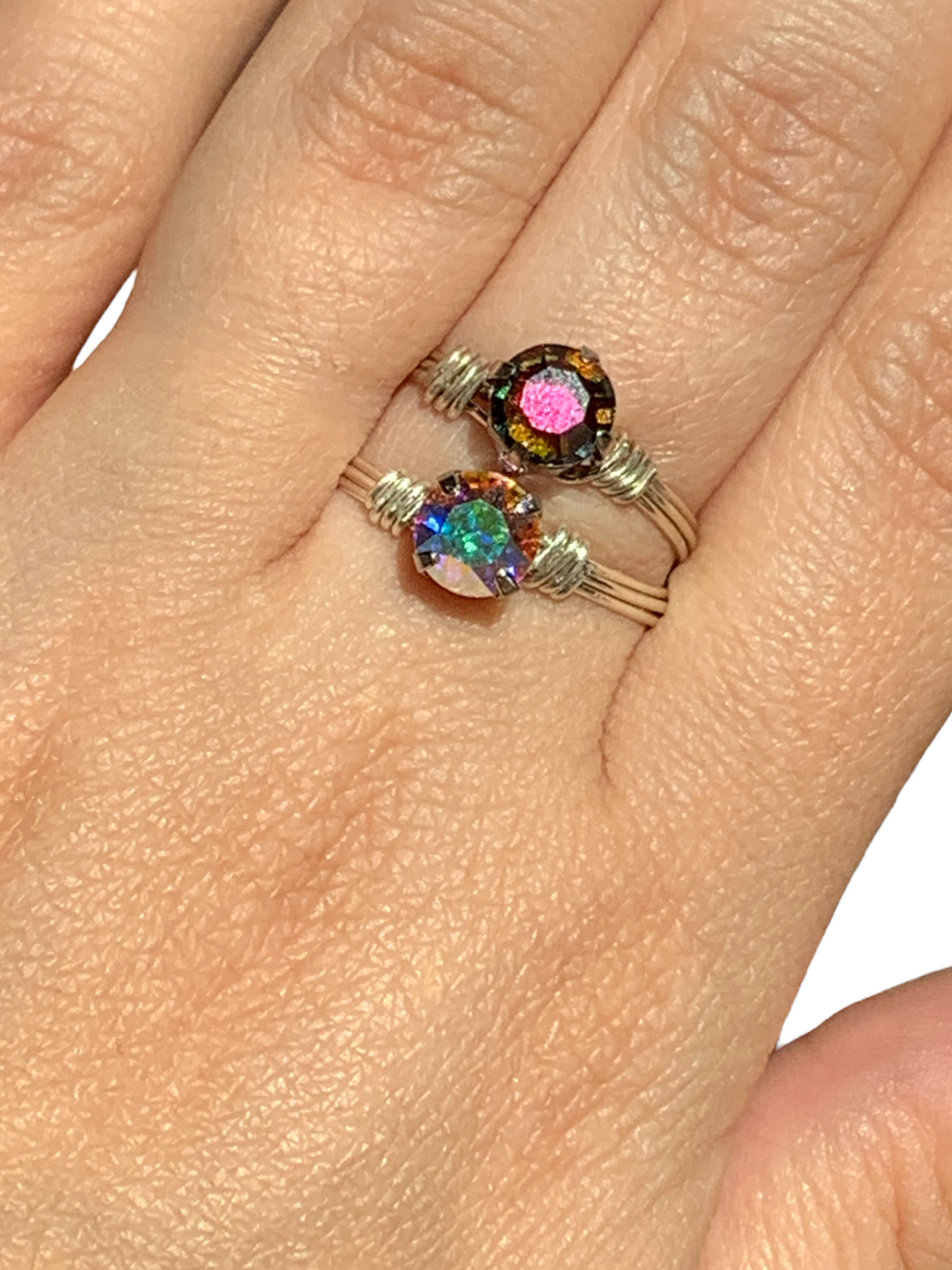 Sterling Silver Vitrail Oil Spill Crystal Wire Ring