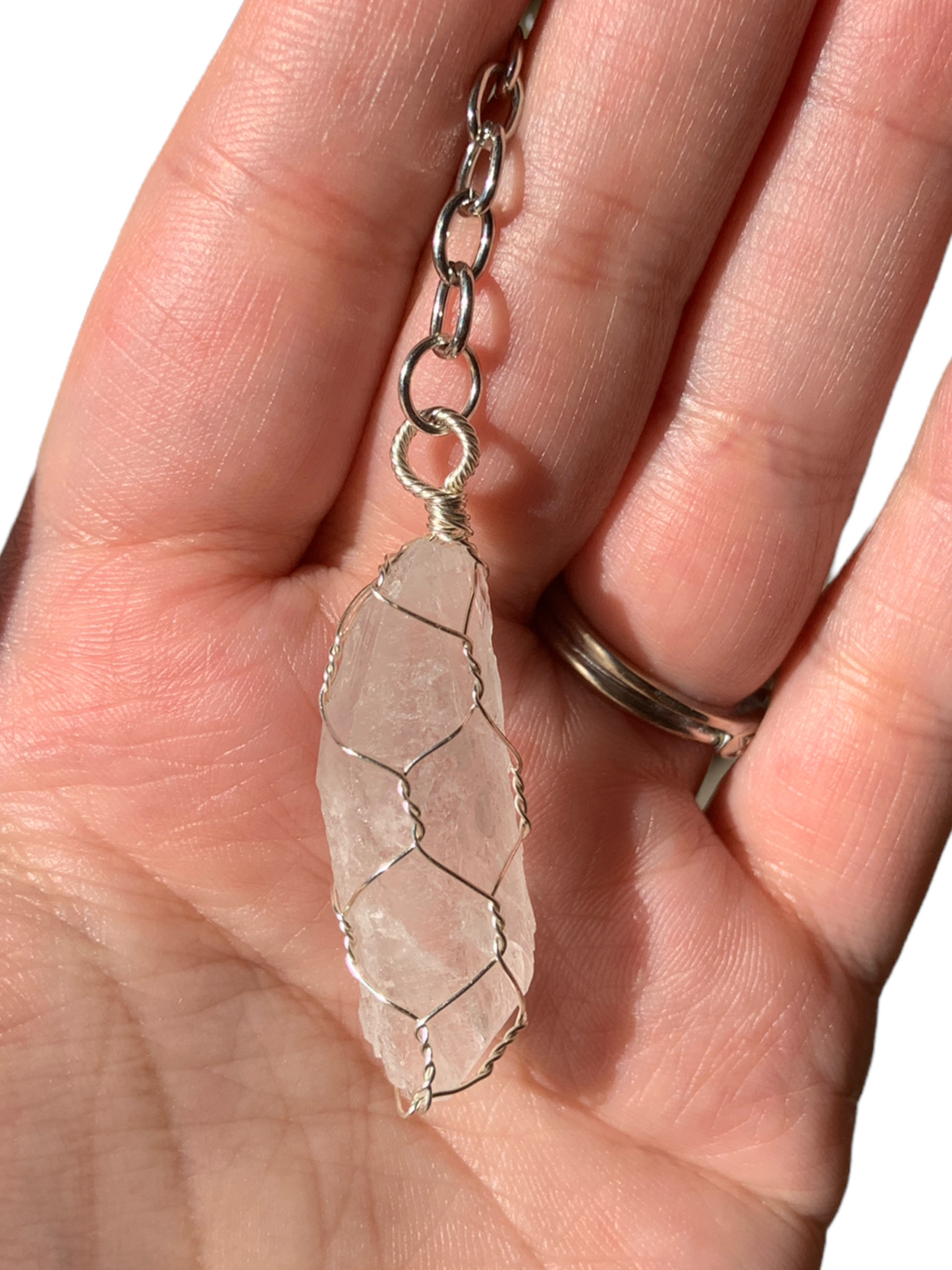 Clear Quartz Caged Wire Wrapped Crystal Keychain
