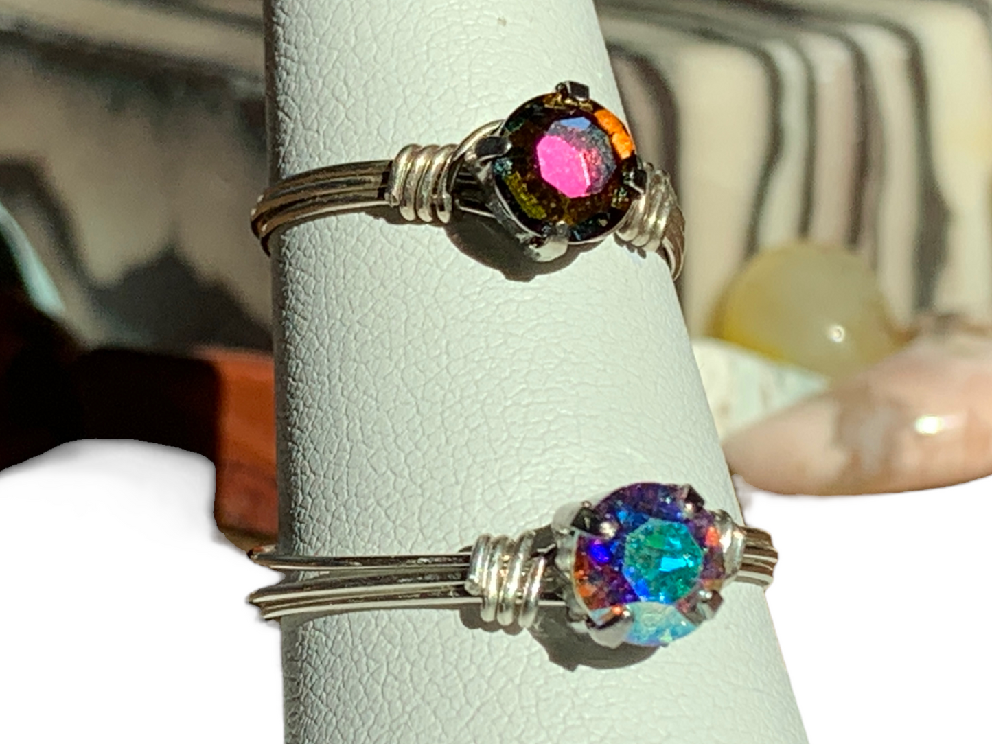 Sterling Silver Vitrail Oil Spill Crystal Wire Ring