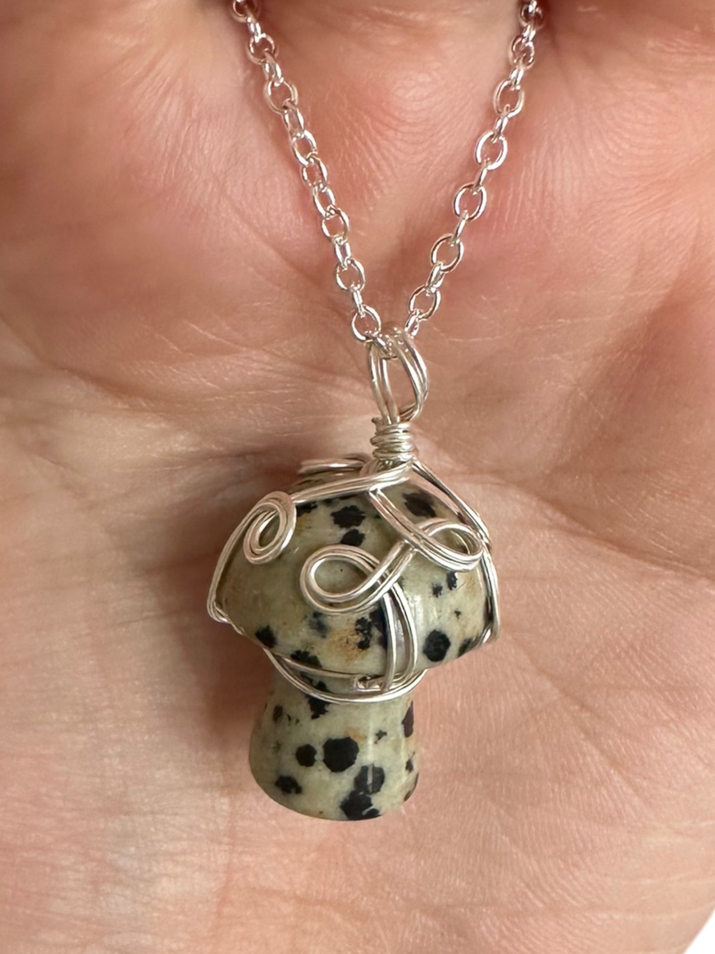 Sterling Silver | 14KT Gold Filled Dalmatian Jasper Wire Wrapped Mushroom Pendant