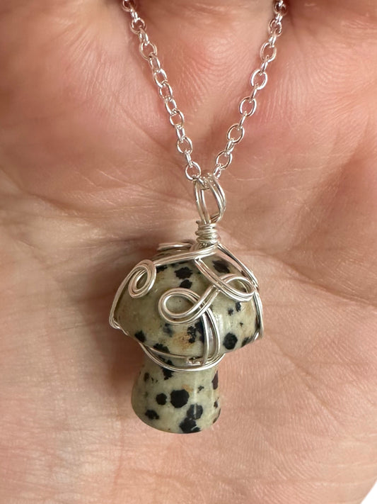 Sterling Silver | 14KT Gold Filled Dalmatian Jasper Wire Wrapped Mushroom Pendant