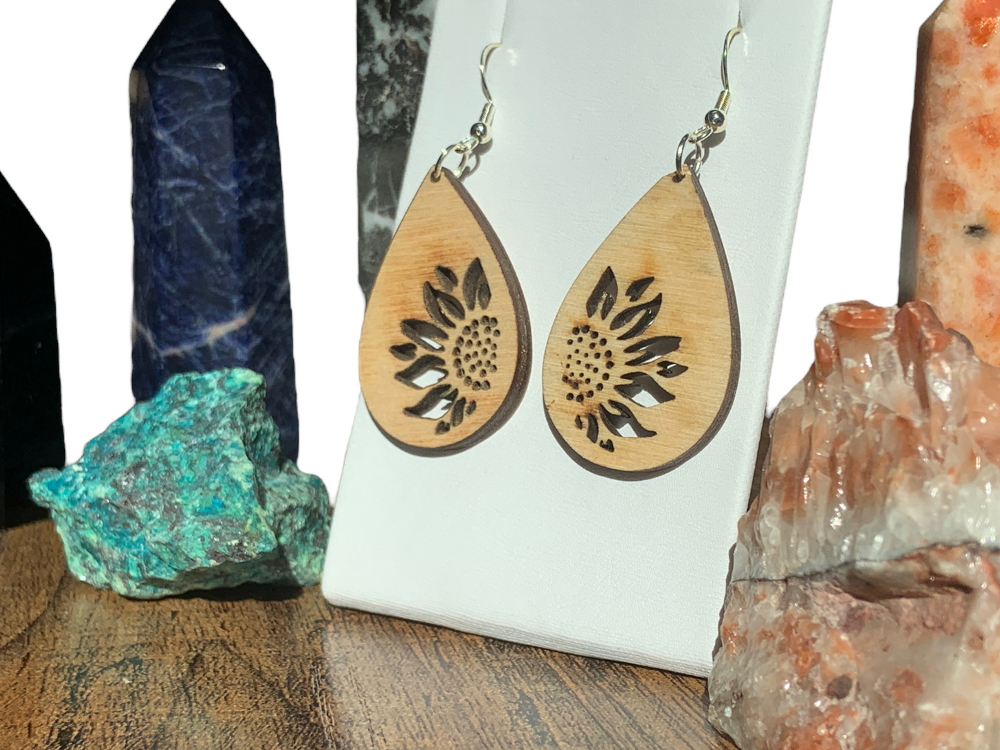 Painted | Natural Wood Hypoallergenic Teardrop Sunflower Wood Laser Engraved Wood Earrings