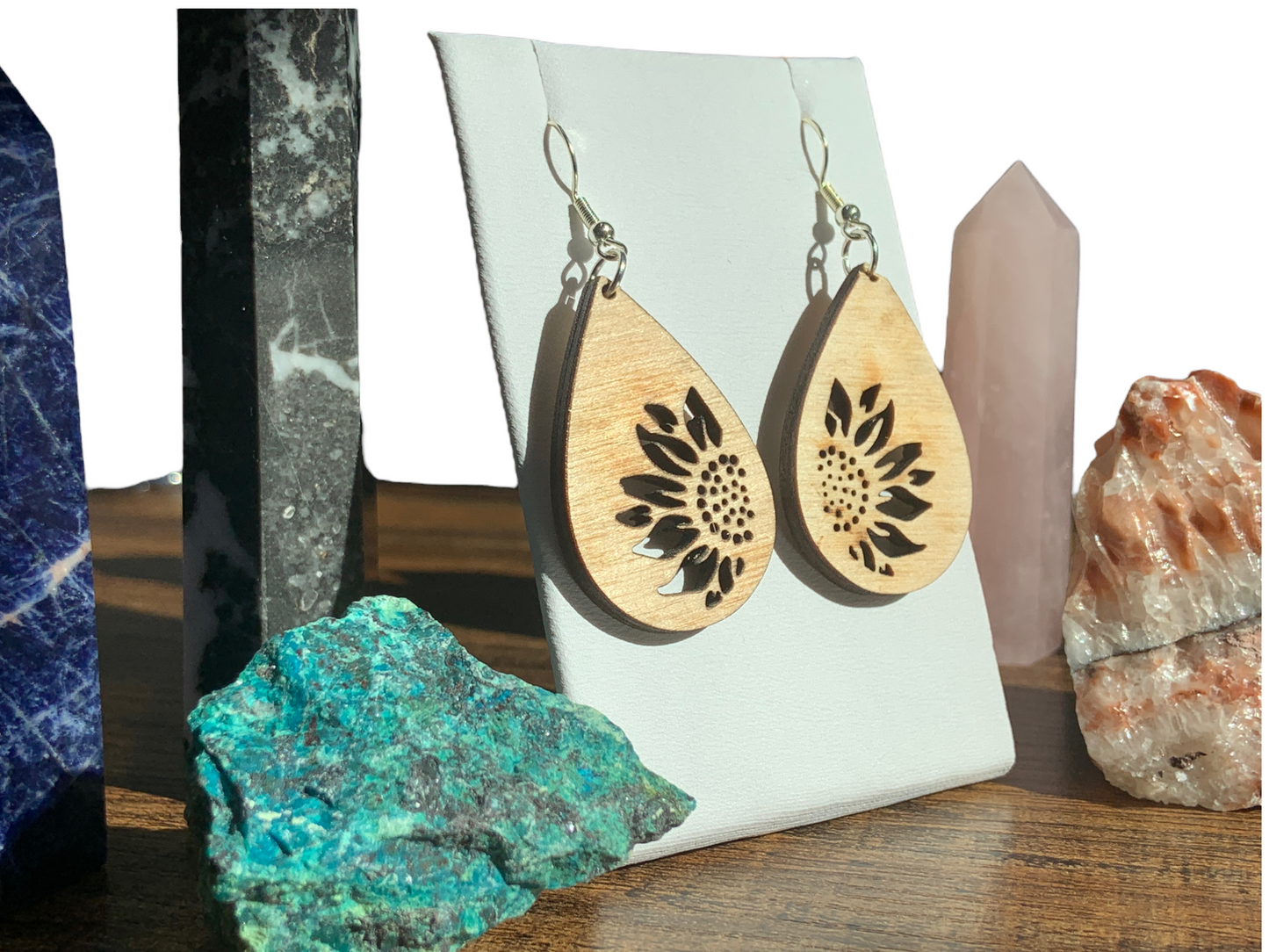 Painted | Natural Wood Hypoallergenic Teardrop Sunflower Wood Laser Engraved Wood Earrings