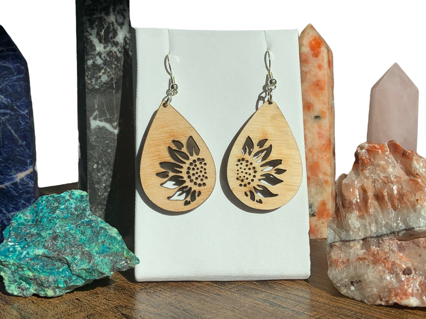Painted | Natural Wood Hypoallergenic Teardrop Sunflower Wood Laser Engraved Wood Earrings
