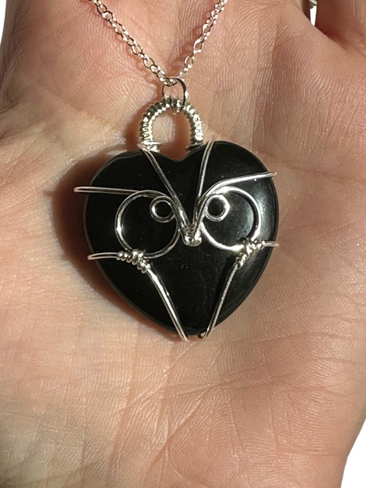 Sterling | 14KT Gold Filled Onyx Heart Wire Wrapped Owl Pendant