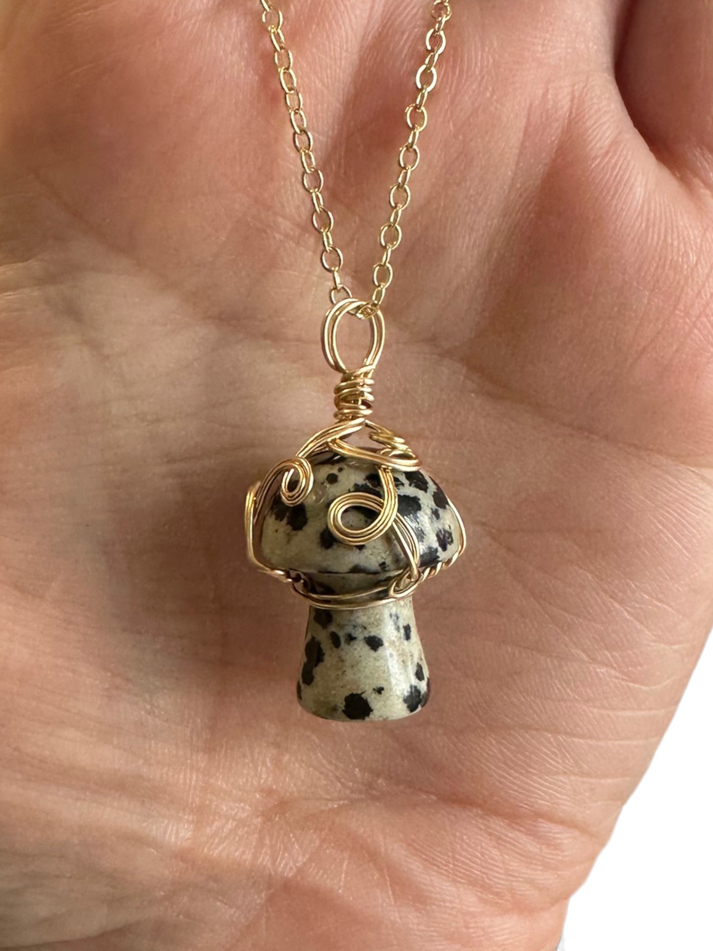 Sterling Silver | 14KT Gold Filled Dalmatian Jasper Wire Wrapped Mushroom Pendant