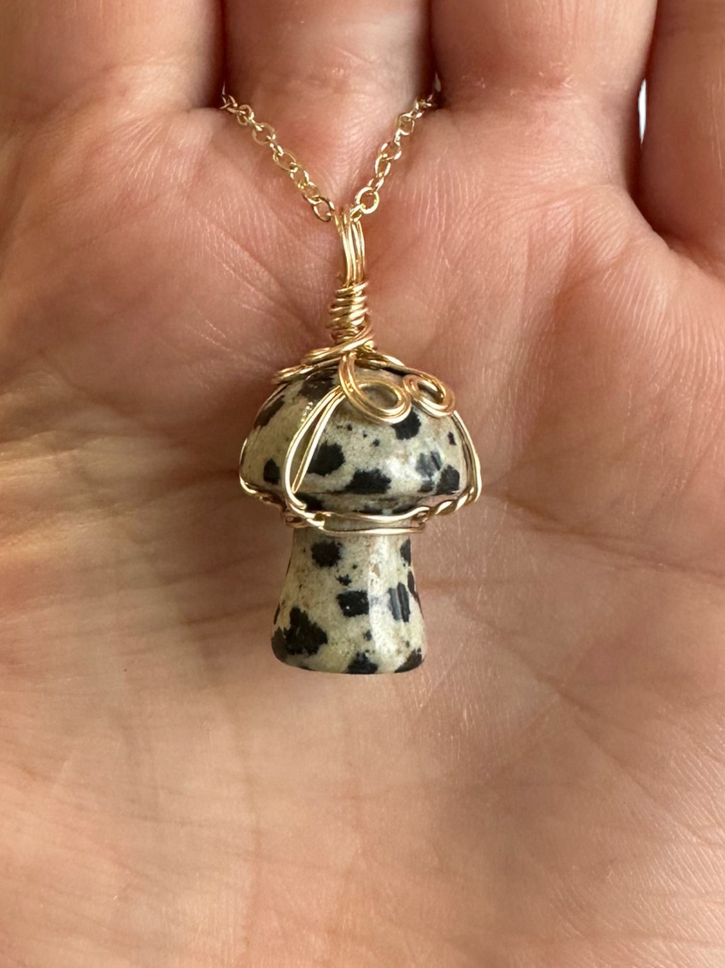Sterling Silver | 14KT Gold Filled Dalmatian Jasper Wire Wrapped Mushroom Pendant