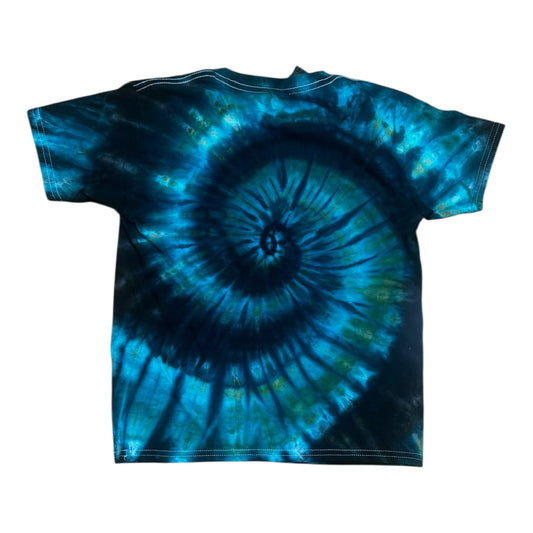 Youth Medium Blue Green Gold and Black Spiral Ice Dye Tie Dye Shirt