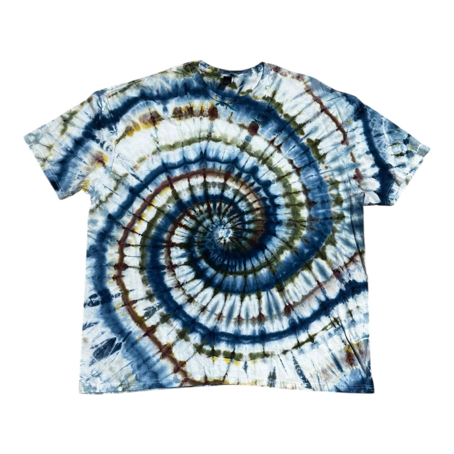 Adult 3XL Blue Green Brown and Yellow Spiral Ice Dye Tie Dye Shirt