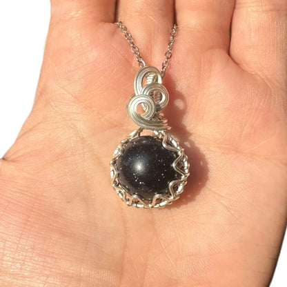 Sterling Silver | 14KT Gold Filled Wire Wrapped Blue Goldstone Crystal Fidget Bezel Pendant